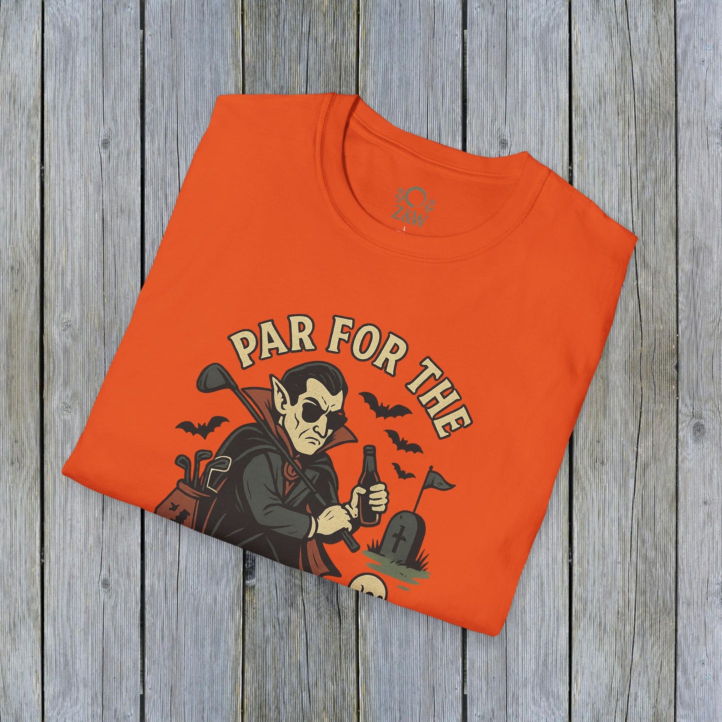Bright orange Funny Halloween Unisex T-Shirt showcasing 'Par For The Curse' graphic, great for spooky seasonal wear.