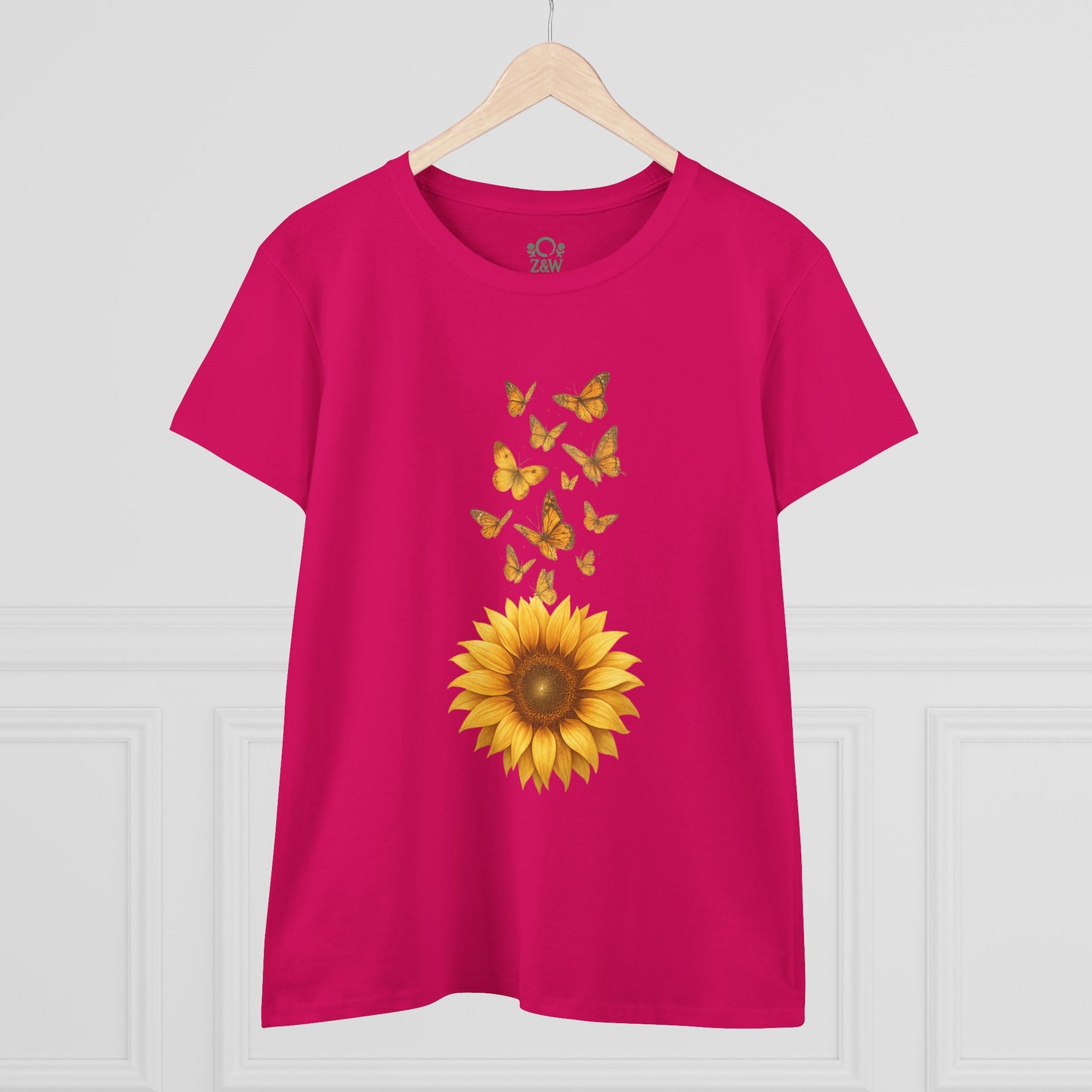 Front view of the Sunflower & Butterflies Cotton Tee for Women in bold magenta, featuring an eye-catching sunflower and butterfly print ideal for everyday wear.