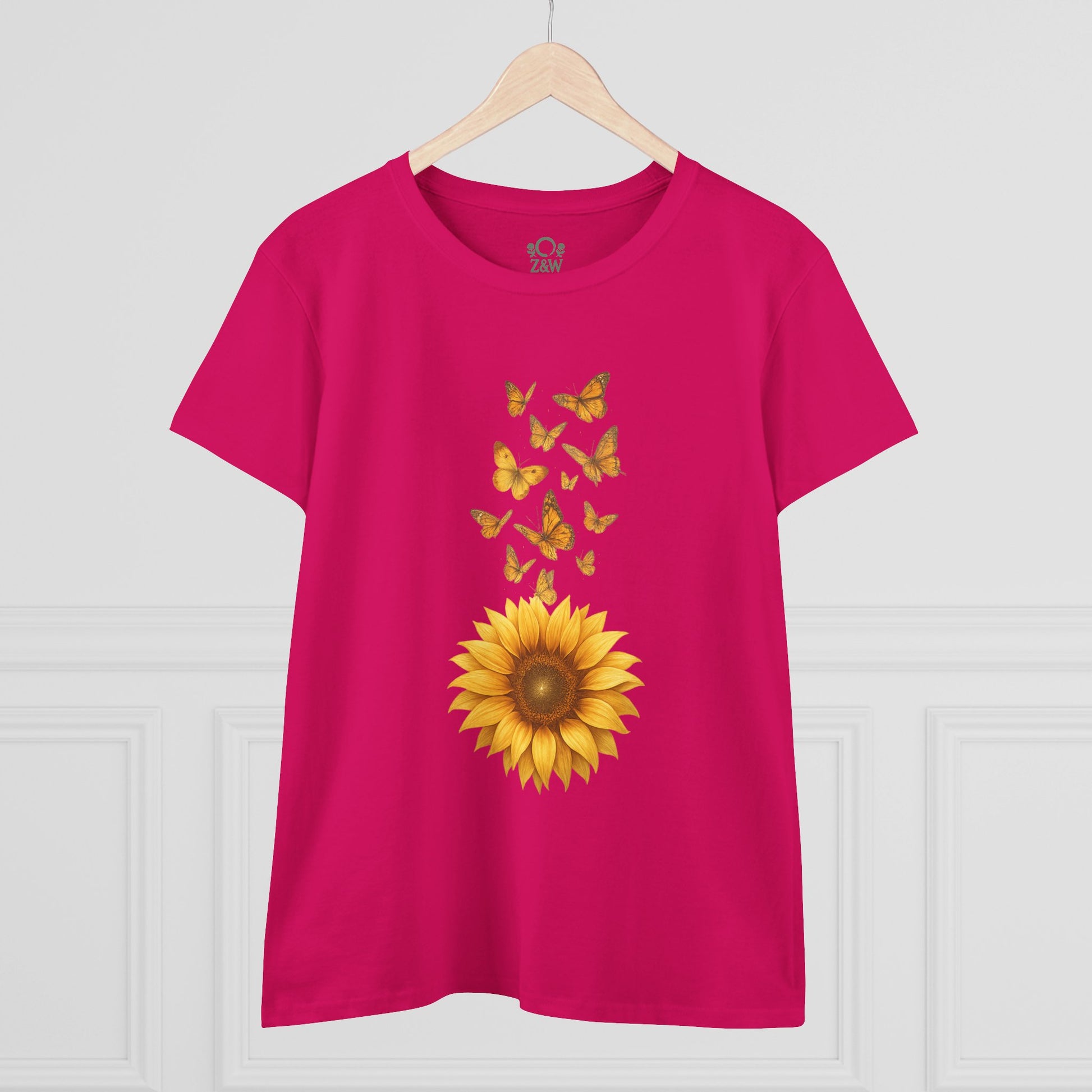 Front view of the Sunflower & Butterflies Cotton Tee for Women in bold magenta, featuring an eye-catching sunflower and butterfly print ideal for everyday wear.