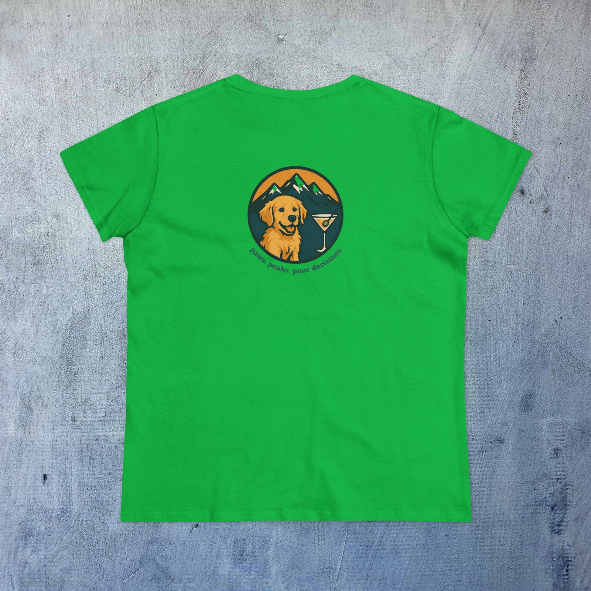 Back view of a vibrant green Unisex Dog Lover T-Shirt featuring a friendly dog graphic, ideal for showcasing love for pets while enjoying leisure time.