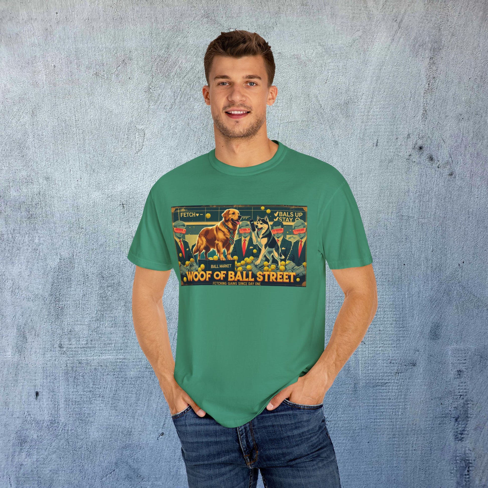 Model wearing the Sleek Woof of Ball Street T-Shirt in bright mint green, emphasizing its stylish and casual look.
