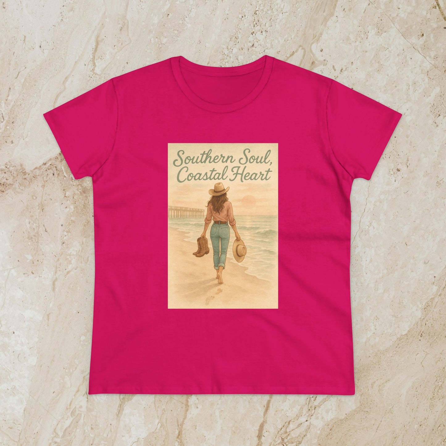 Southern Soul Coated Heart Tee in bright pink, showcasing a beautiful coastal scene with a woman, ideal for a vibrant and stylish wardrobe addition.