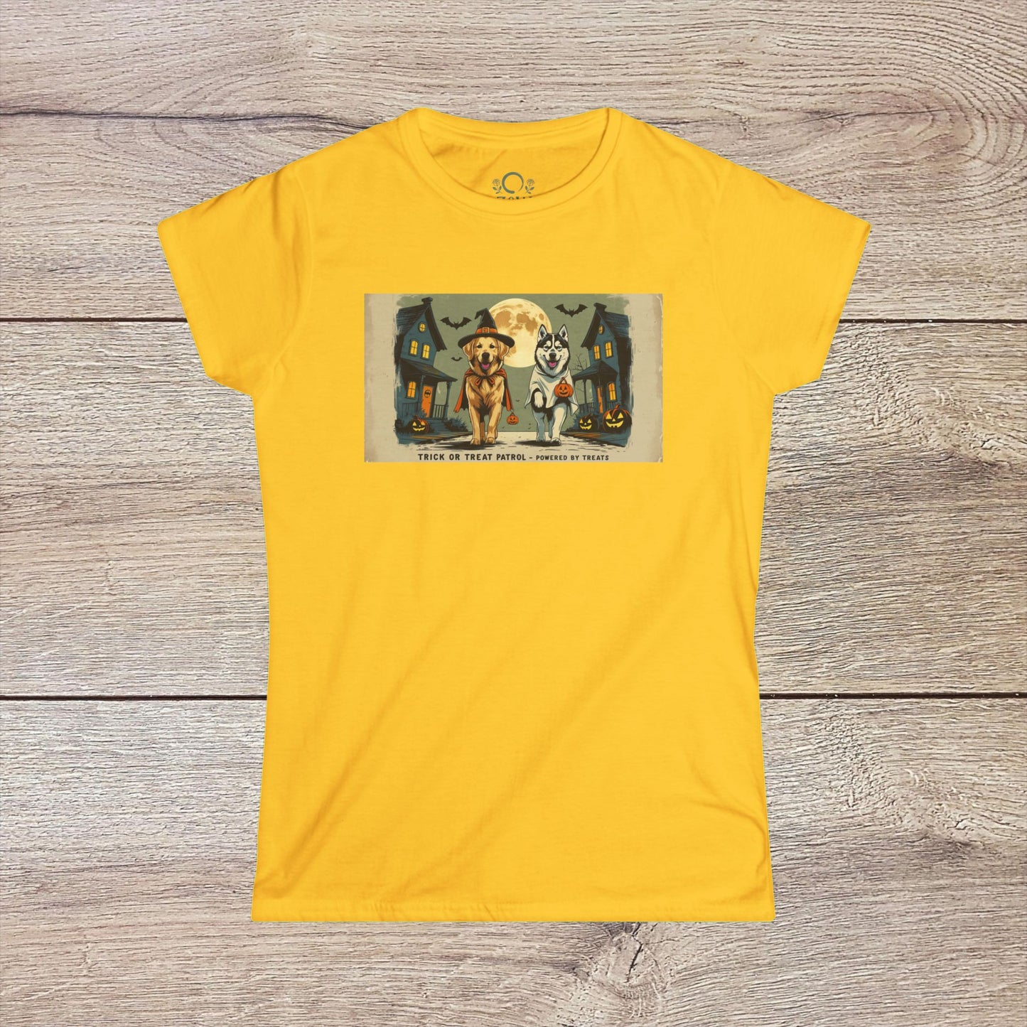Vibrant yellow Unisex Softstyle Trick Or Treat T-Shirt showcasing two festive dogs in Halloween costumes, designed for comfort and style, crafted from 100% ring-spun cotton.