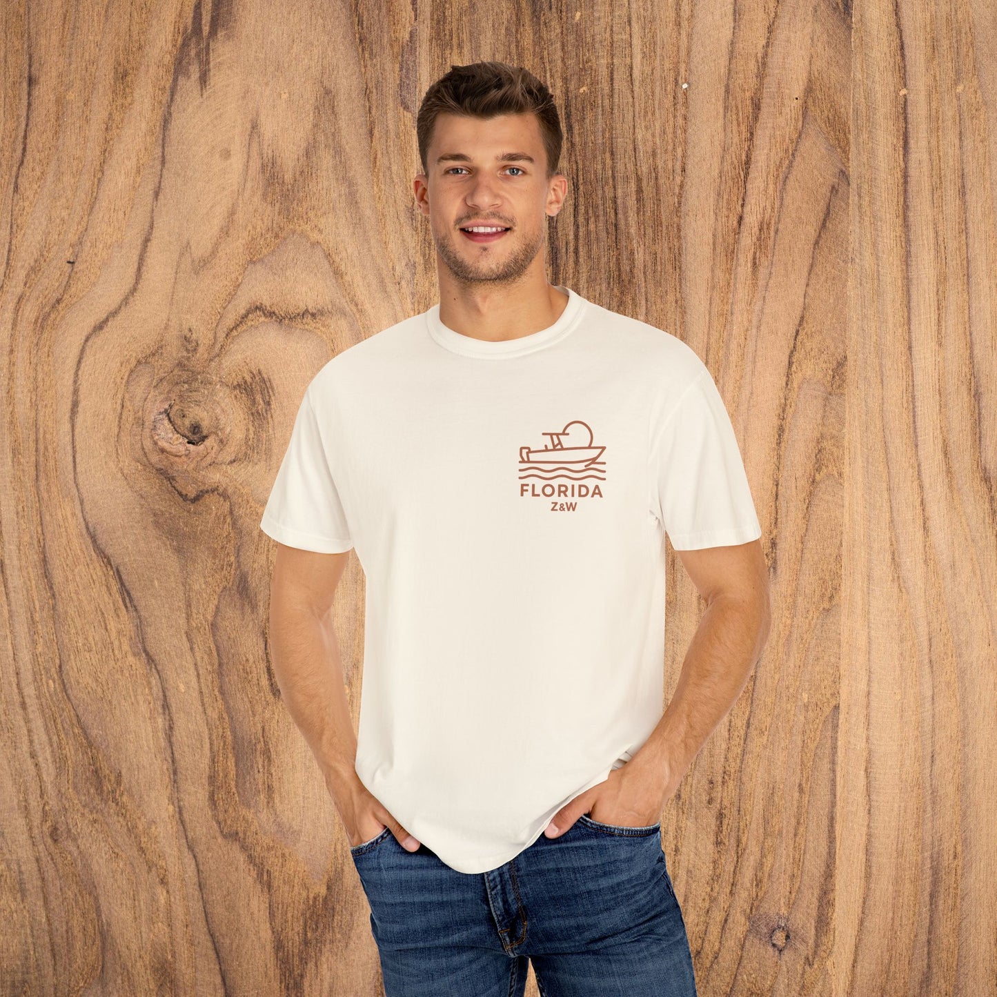 Unisex Florida Graphic Tee featuring a vintage-style boat design, perfect casual wear made of soft US cotton.