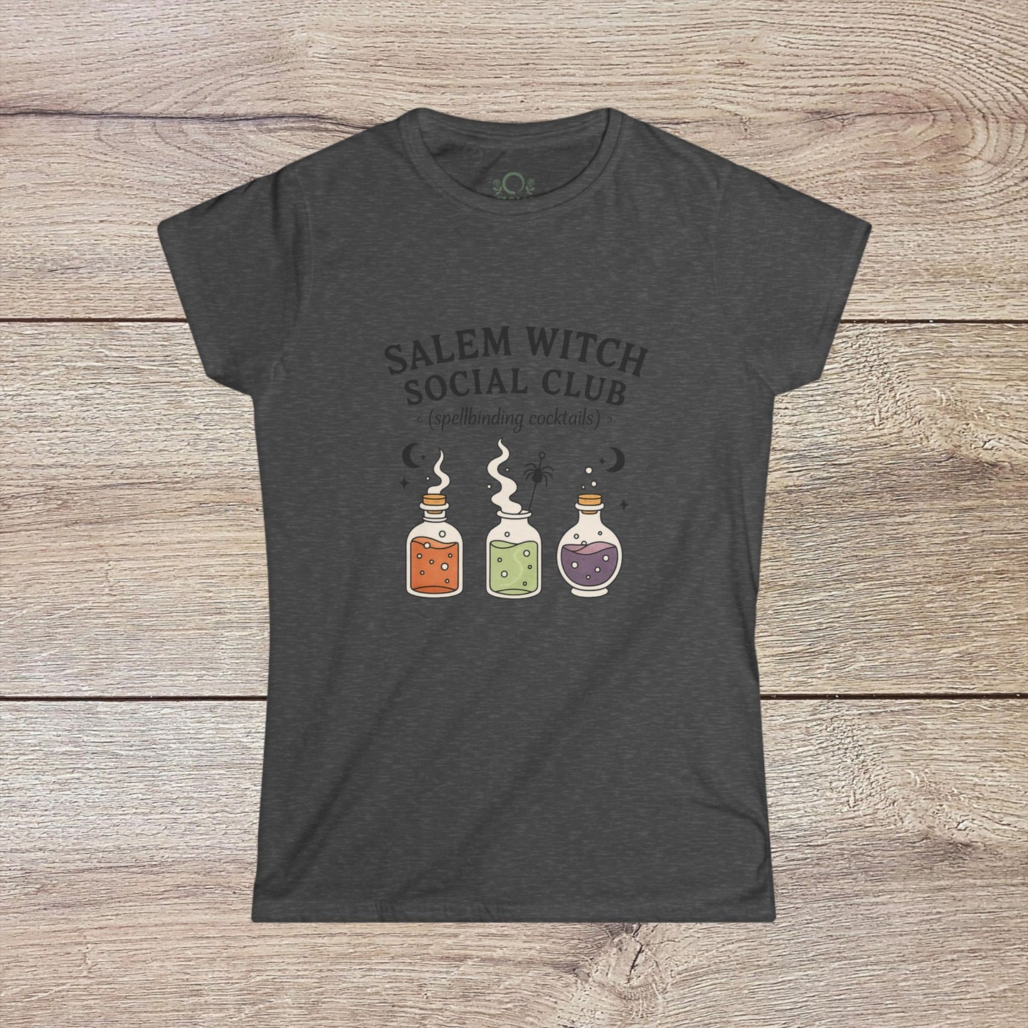Salem Witch Social Club Graphic Tee in dark gray color featuring vibrant potion bottle designs with a smooth finish, made from 100% ring-spun cotton.