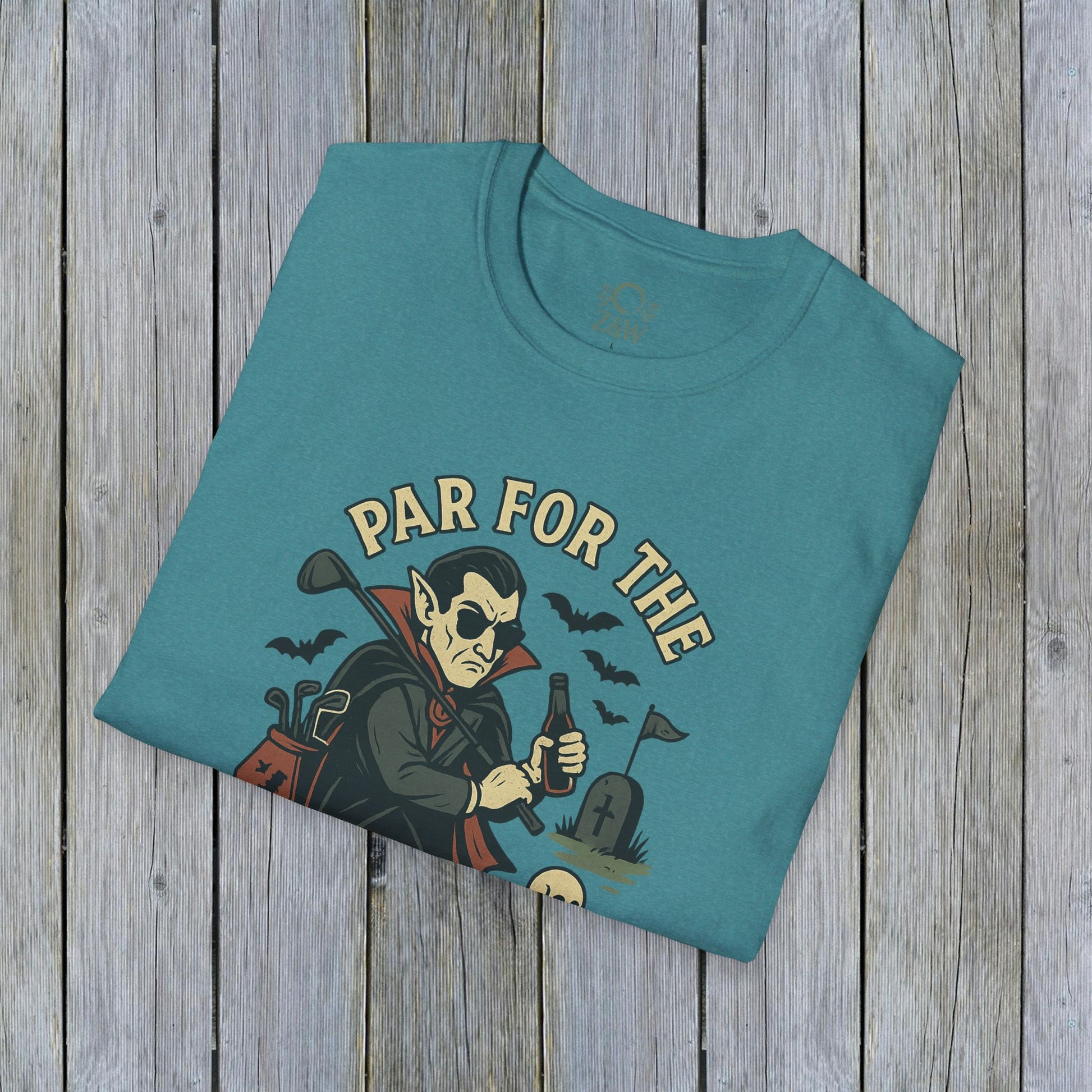 Funny Halloween Unisex T-Shirt featuring 'Par For The Curse' graphic design, perfect for spooky fall fashion. This vibrant graphic tee showcases a playful Halloween theme, ideal for festive gatherings or everyday wear.