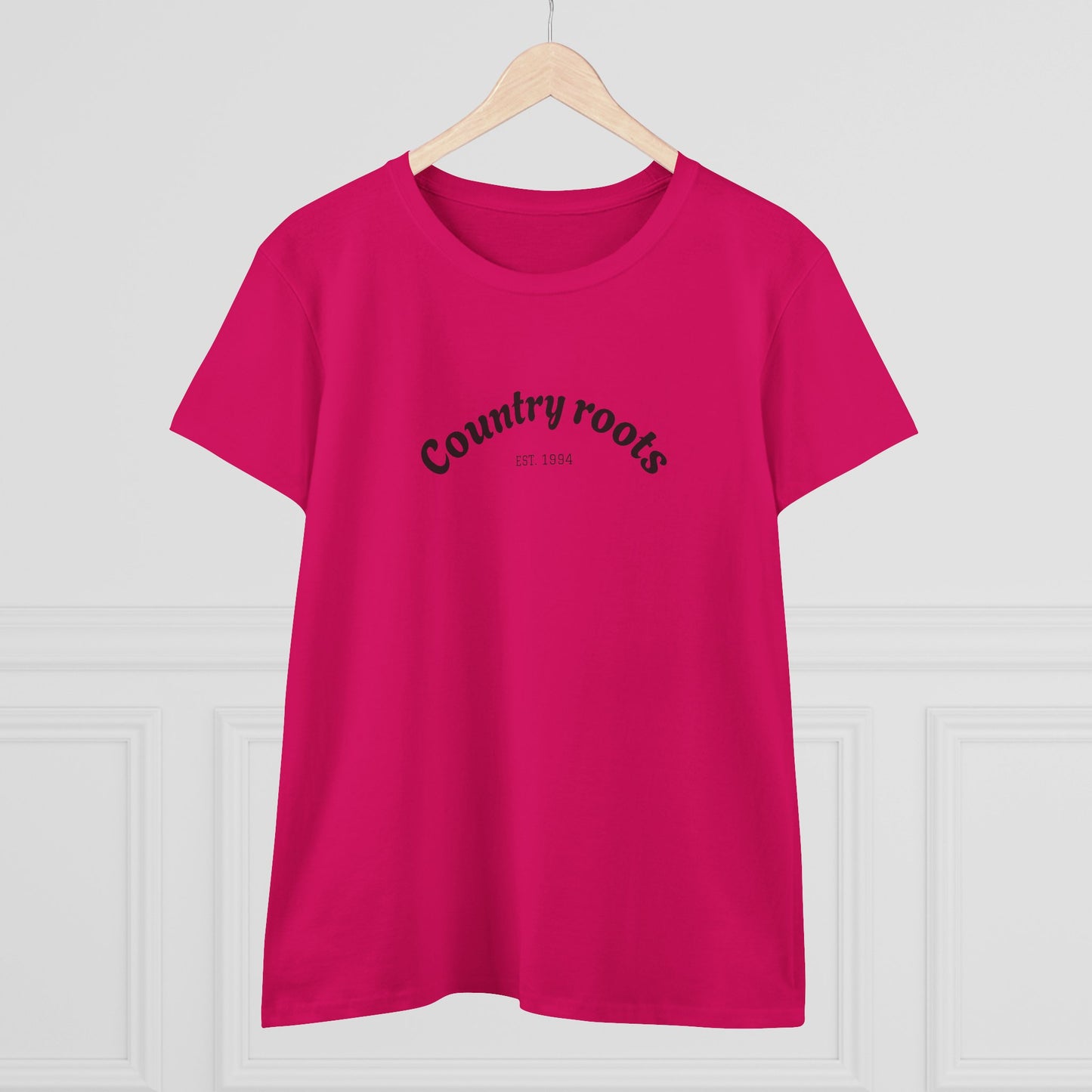 Front view of the Country Roots Cowgirl Tee in a rich pink hue featuring 'Country roots EST. 1994' print, a perfect choice for stylish everyday wear.