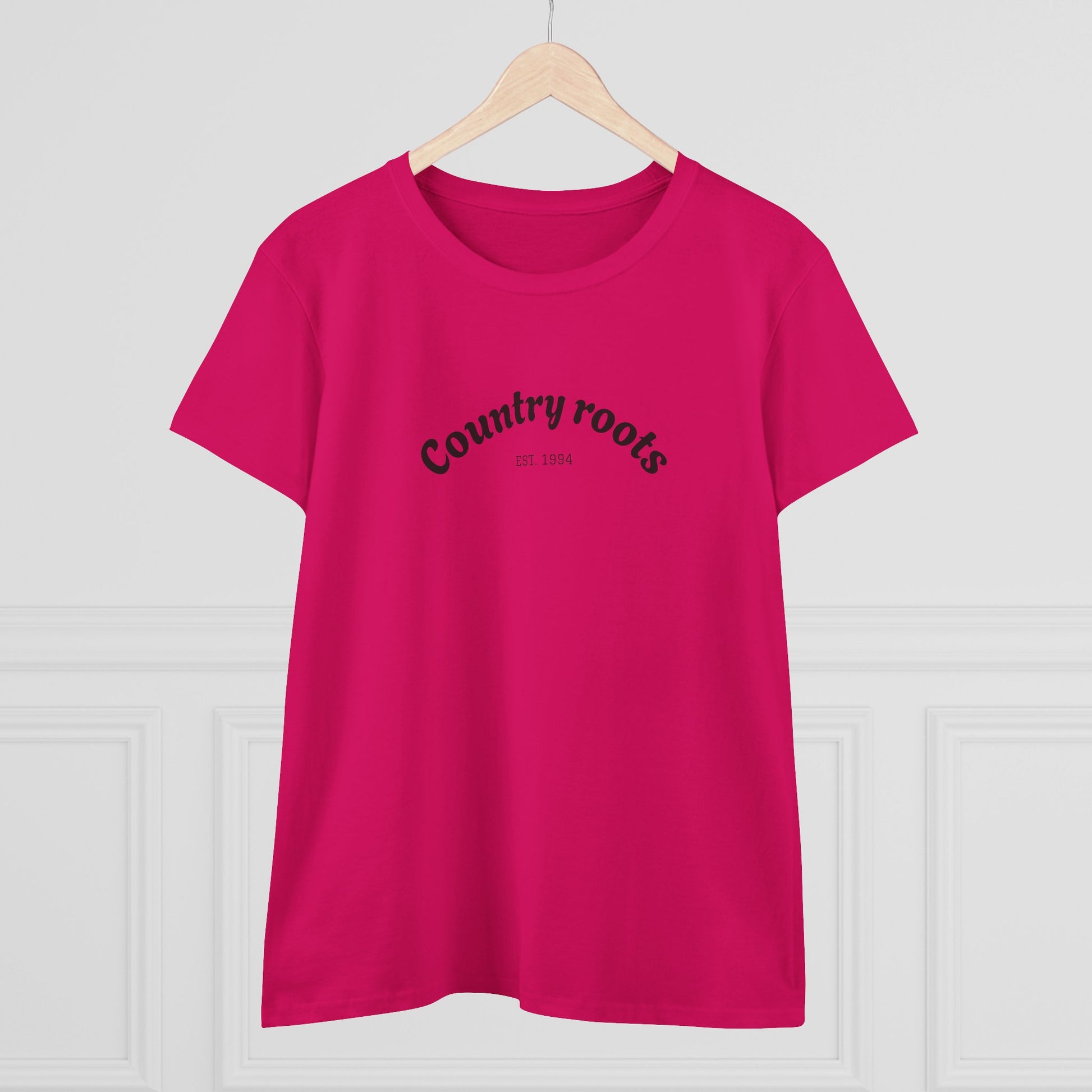 Front view of the Country Roots Cowgirl Tee in a rich pink hue featuring 'Country roots EST. 1994' print, a perfect choice for stylish everyday wear.