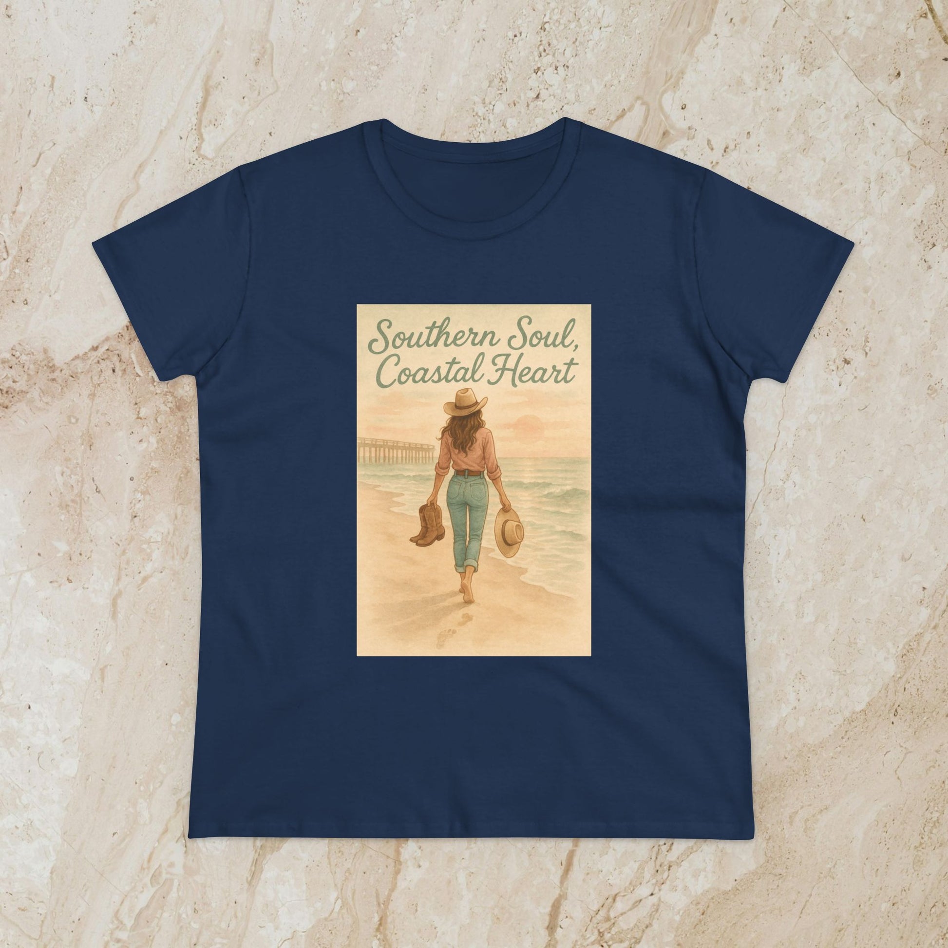 Southern Soul Coated Heart Tee in navy blue, displaying a charming design of a woman strolling by the ocean, great for those with a love for coastal vibes.
