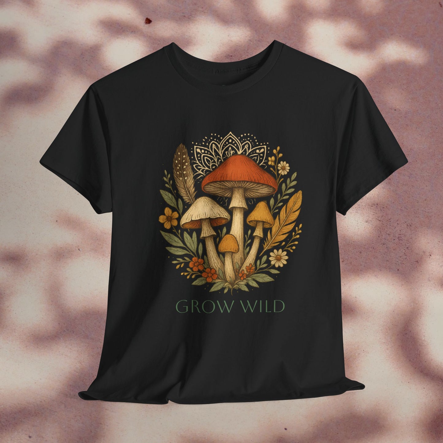 Wild Mushroom Graphic Tee in black, highlighting a beautiful mushroom graphic with floral details. Perfect for nature lovers, this eco-friendly unisex cotton shirt offers stylish adventure apparel.