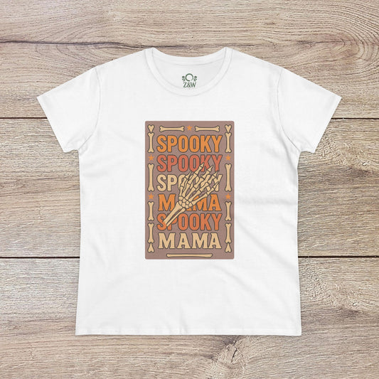 Spooky Mama Tee in white - Soft cotton fabric, featuring a playful Halloween-themed design with the words 'Spooky Mama'. Perfect for casual wear and versatile for all occasions.
