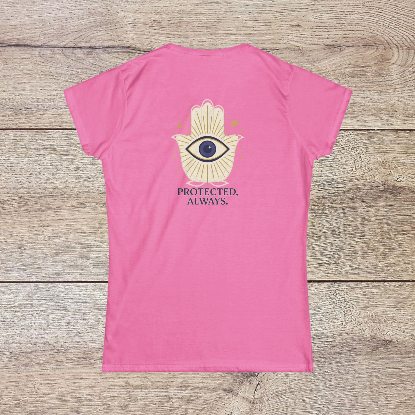 Ladies' V-Neck T-Shirt - Comfortable 100% Cotton Tee with Positive Graphic Design adorned with a pink back featuring an eye and hand graphic, promoting a protective message.