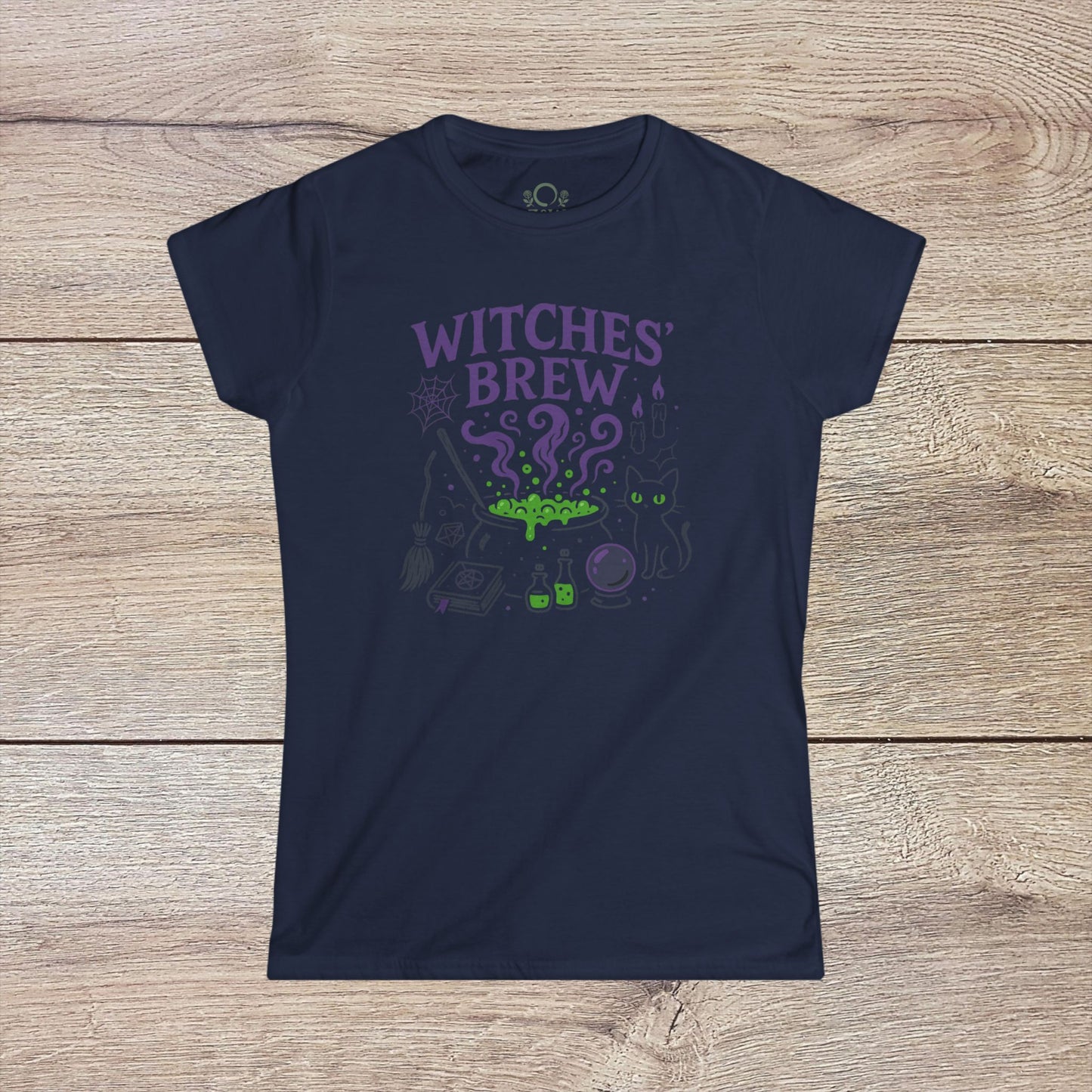 Witches' Brew Halloween T-Shirt featuring vibrant print with a spooky design of a cat, potion, and witch elements on a navy background, eco-friendly cotton material.