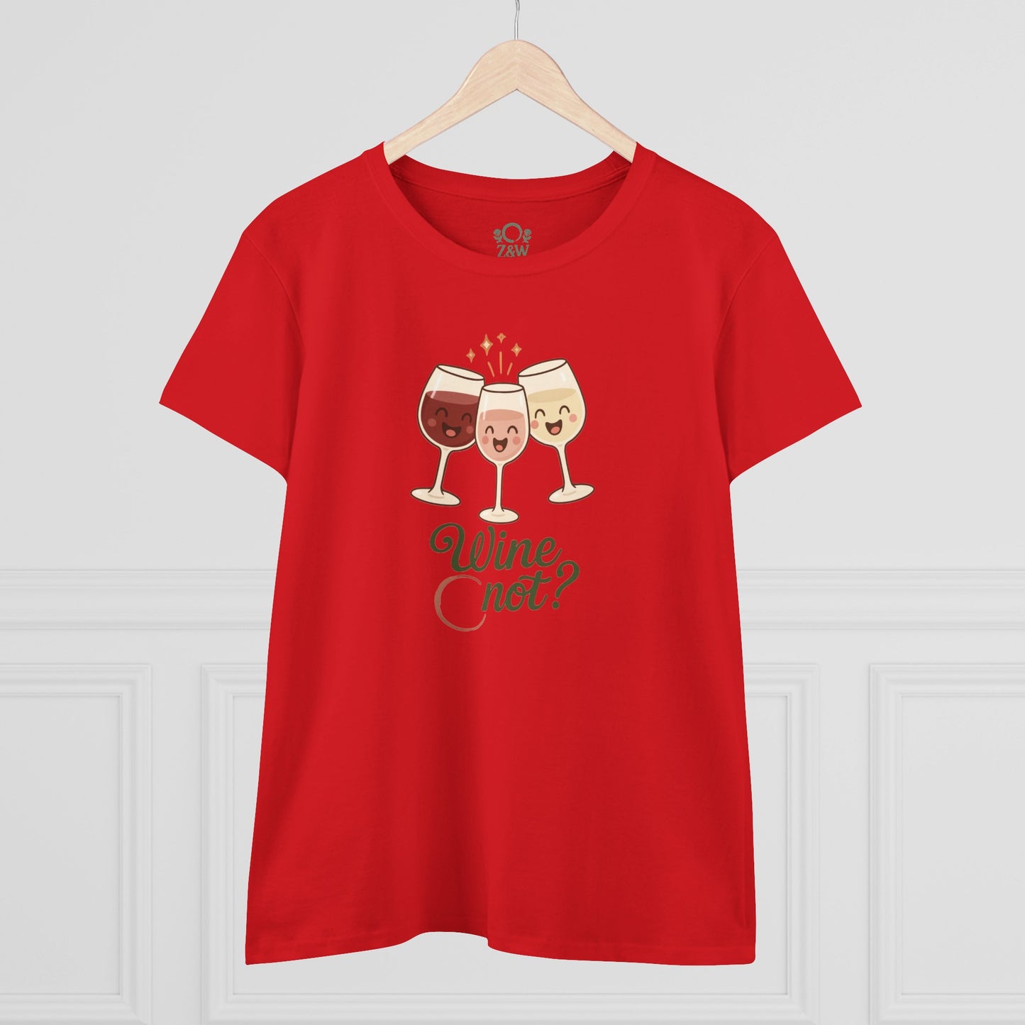 Wine Not Tee displayed on a hanger, in bright red with charming wine glass illustrations, ideal for casual outings.