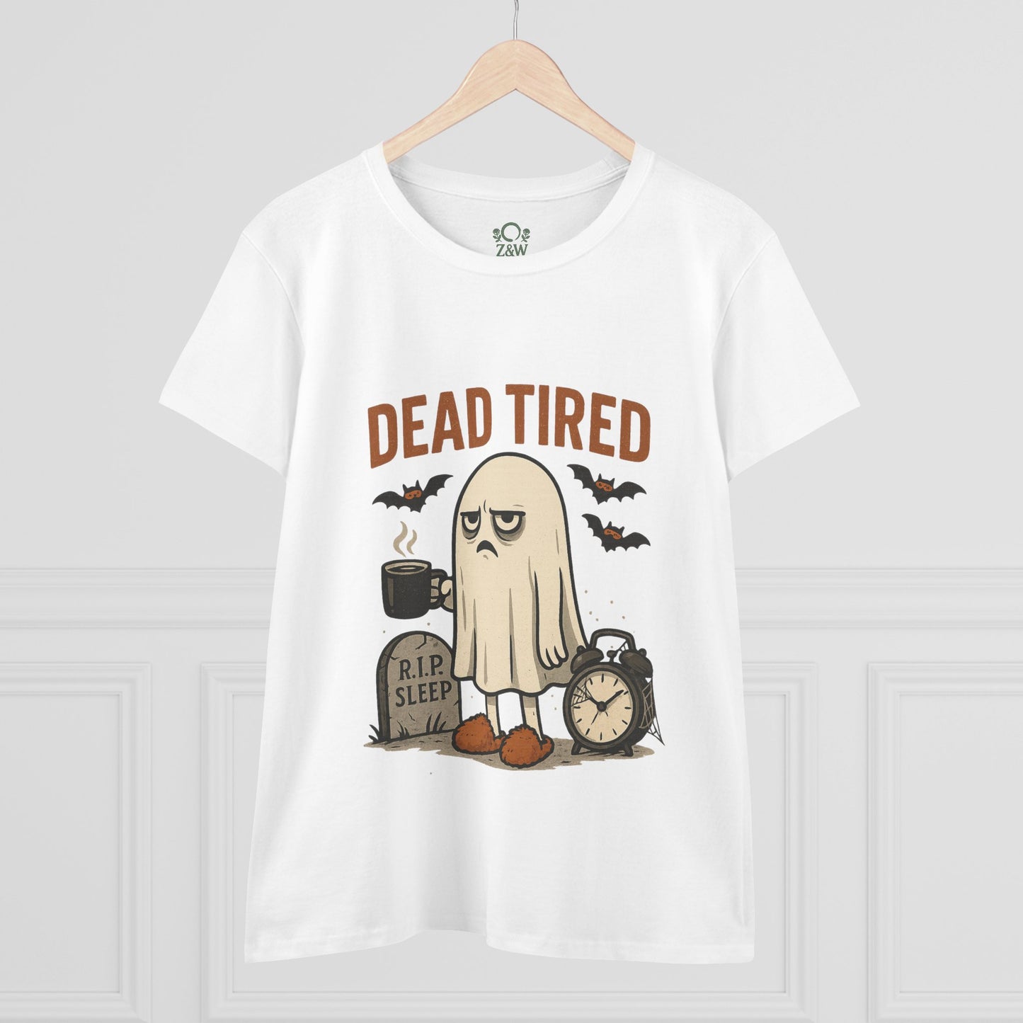 Front view of a Cute Whimsical Ghost T-Shirt for Halloween featuring a cartoon ghost with the text 'DEAD TIRED', perfect for Halloween-themed casual wear.