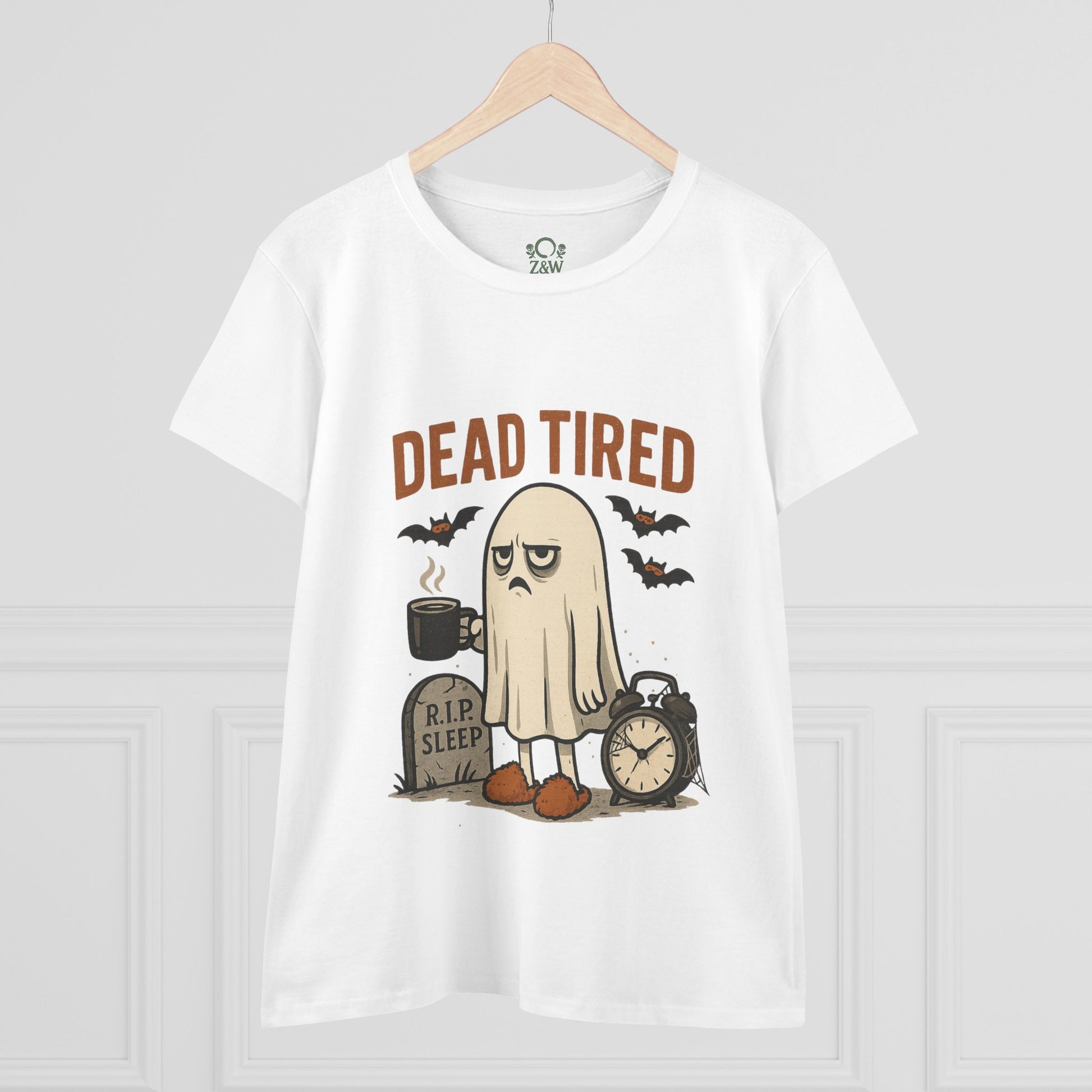 Front view of a Cute Whimsical Ghost T-Shirt for Halloween featuring a cartoon ghost with the text 'DEAD TIRED', perfect for Halloween-themed casual wear.