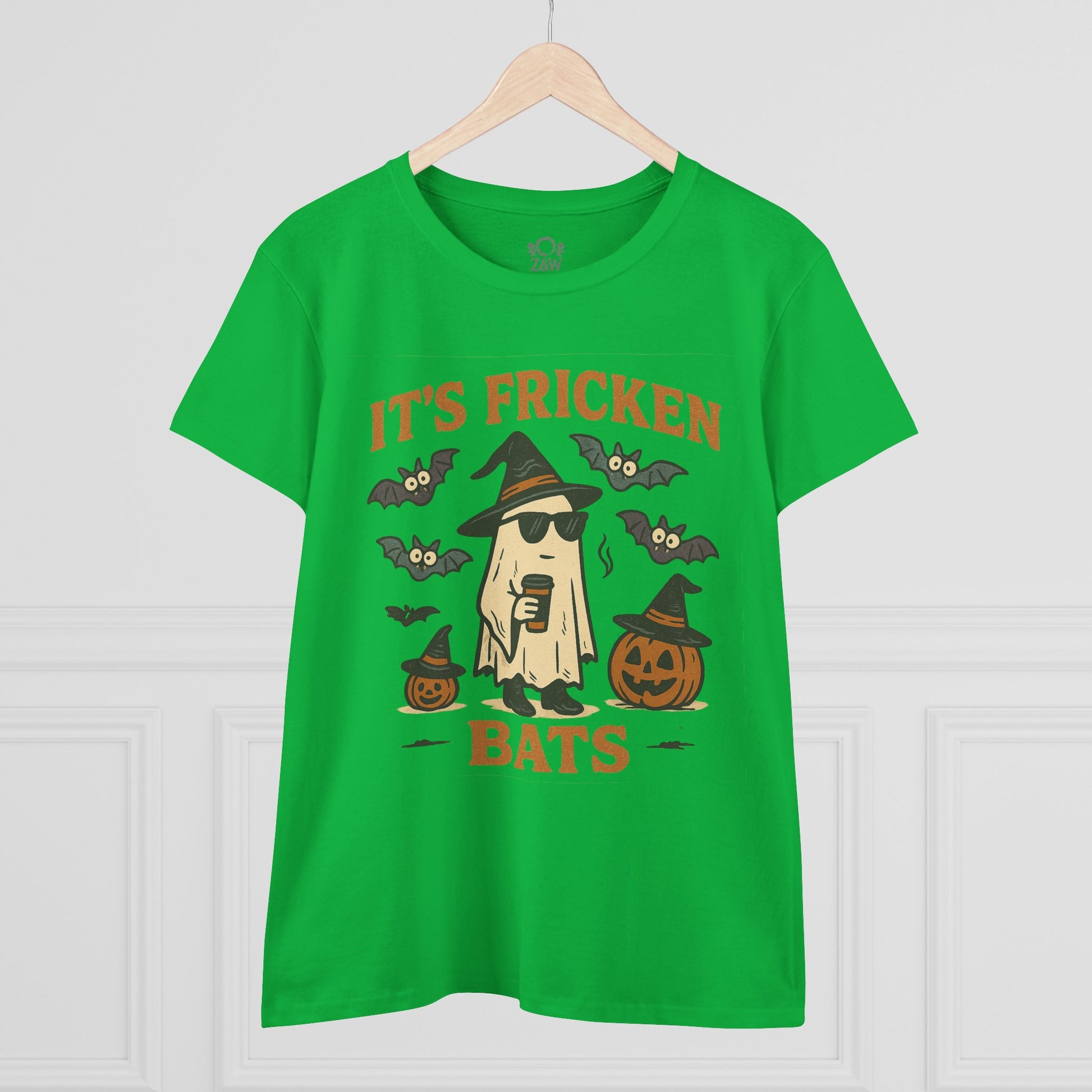 Front view of green Halloween Unisex T-Shirt featuring a playful graphic saying 'It's Fricken Bats', ideal for Halloween fun.