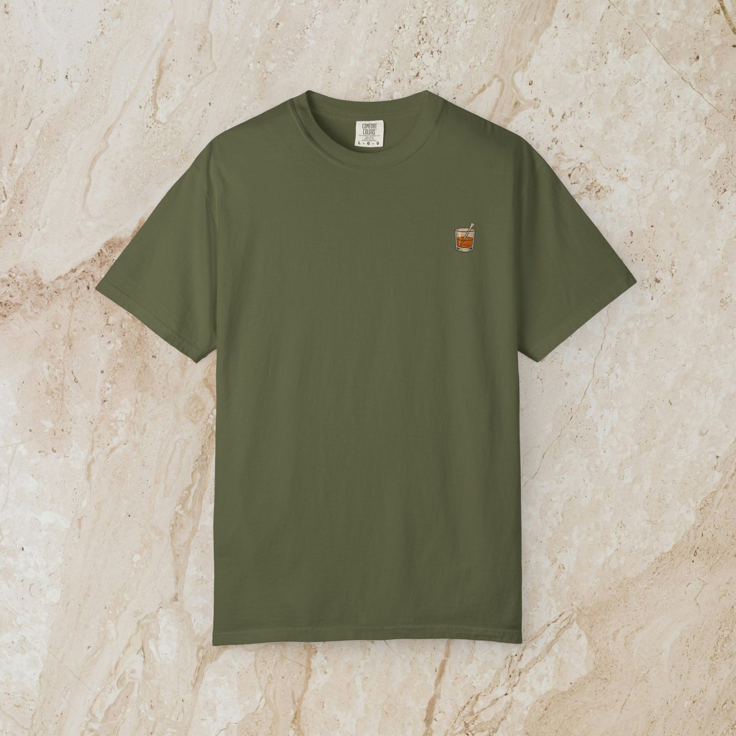 Golden Whiskey Dog Tee in olive green color, offering a unique vintage style, crafted from 100% cotton for a relaxed fit with a left chest pocket.