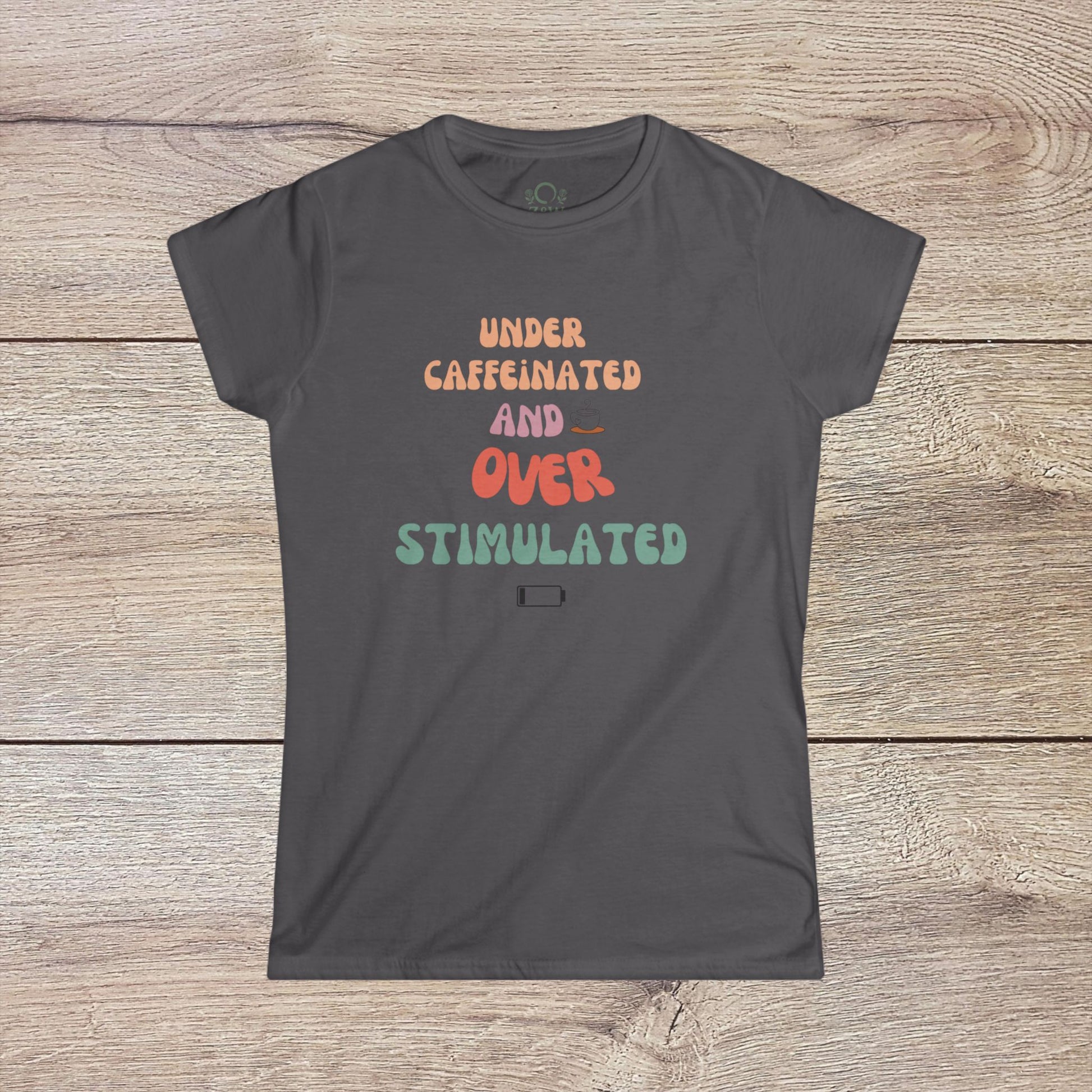 Under-Caffeinated Over-Stimulated Hoodie in stylish gray hue with eye-catching lettering, equipped with a spacious kangaroo pouch and adjustable drawstring for comfort.