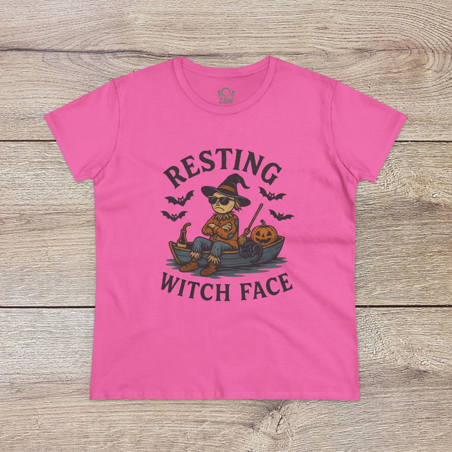 Resting Witch Face Halloween T-Shirt for Women in eye-catching pink, showcasing a fun witch illustration ideal for festive occasions.