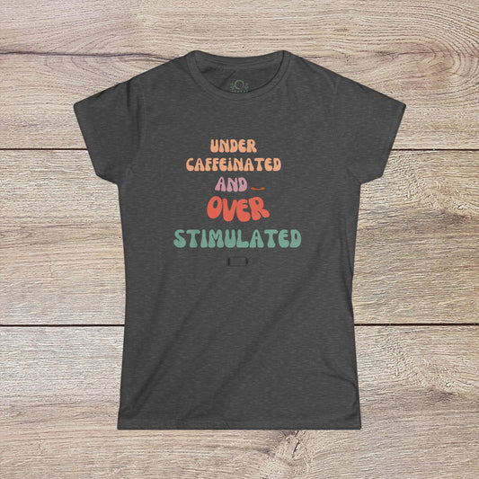 Under-Caffeinated Over-Stimulated Hoodie in a dark color, featuring playful text design in vibrant colors, stylish addition for casual wear.