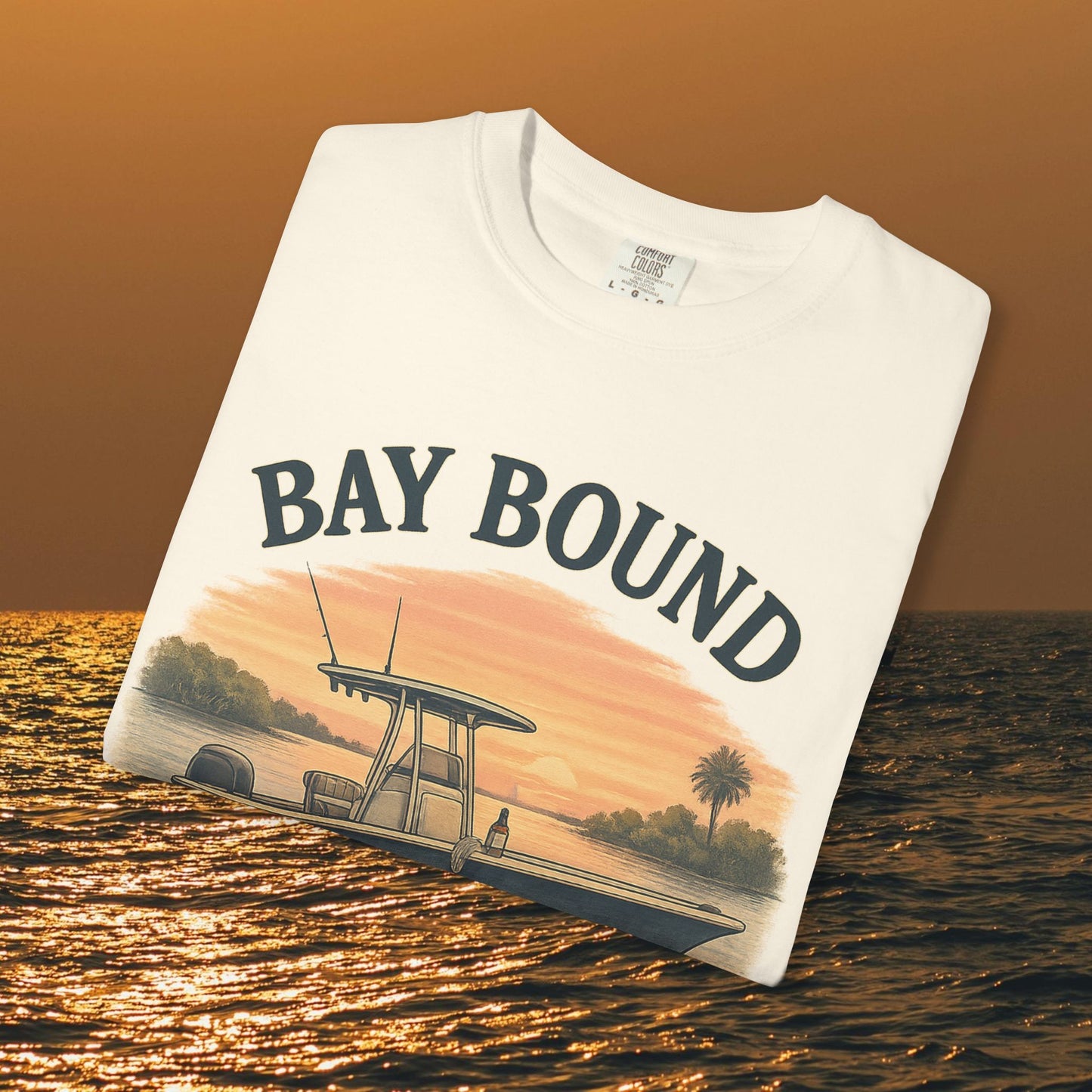Bay Bound Boating T-Shirt featuring a vibrant sunset scene and a boat design, perfect for summer outdoor adventures on the water.