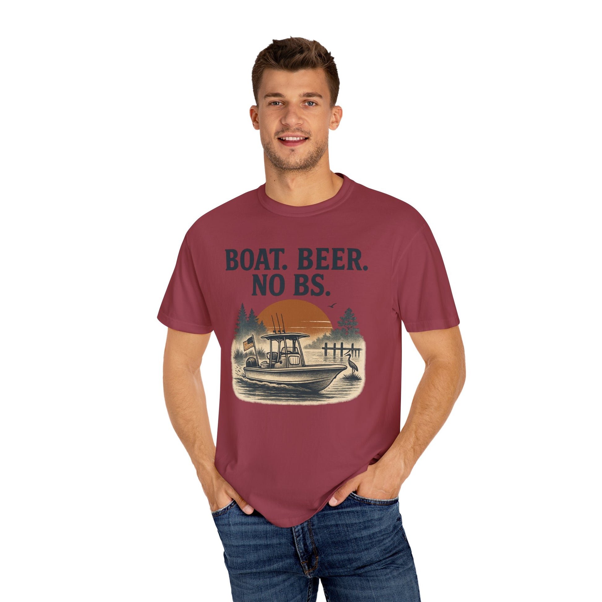 Stylish Boat Beer No BS Tee worn by a smiling man, featuring a vibrant sunset and fishing boat graphic, perfect for casual outings.