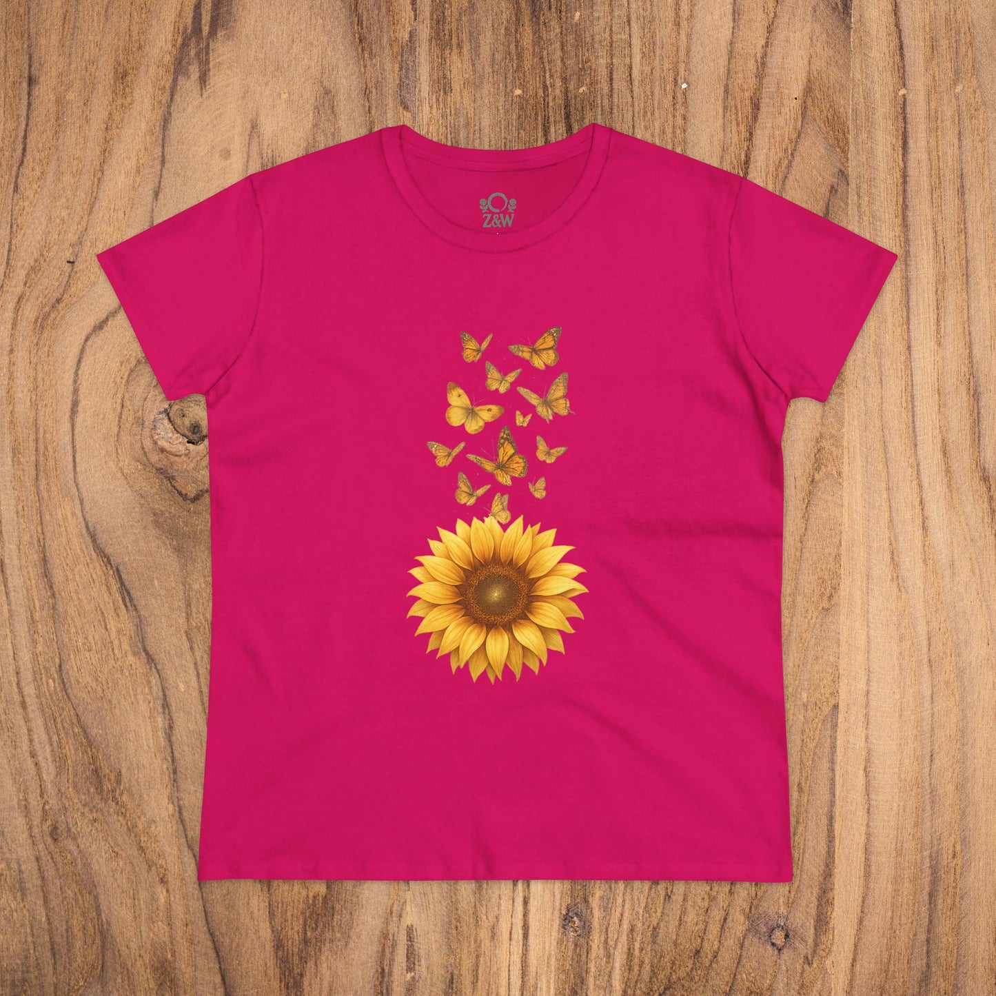 Sunflower & Butterflies Cotton Tee for Women in vibrant pink, featuring a stunning sunflower and butterfly design, made from 100% soft and breathable cotton for comfort.