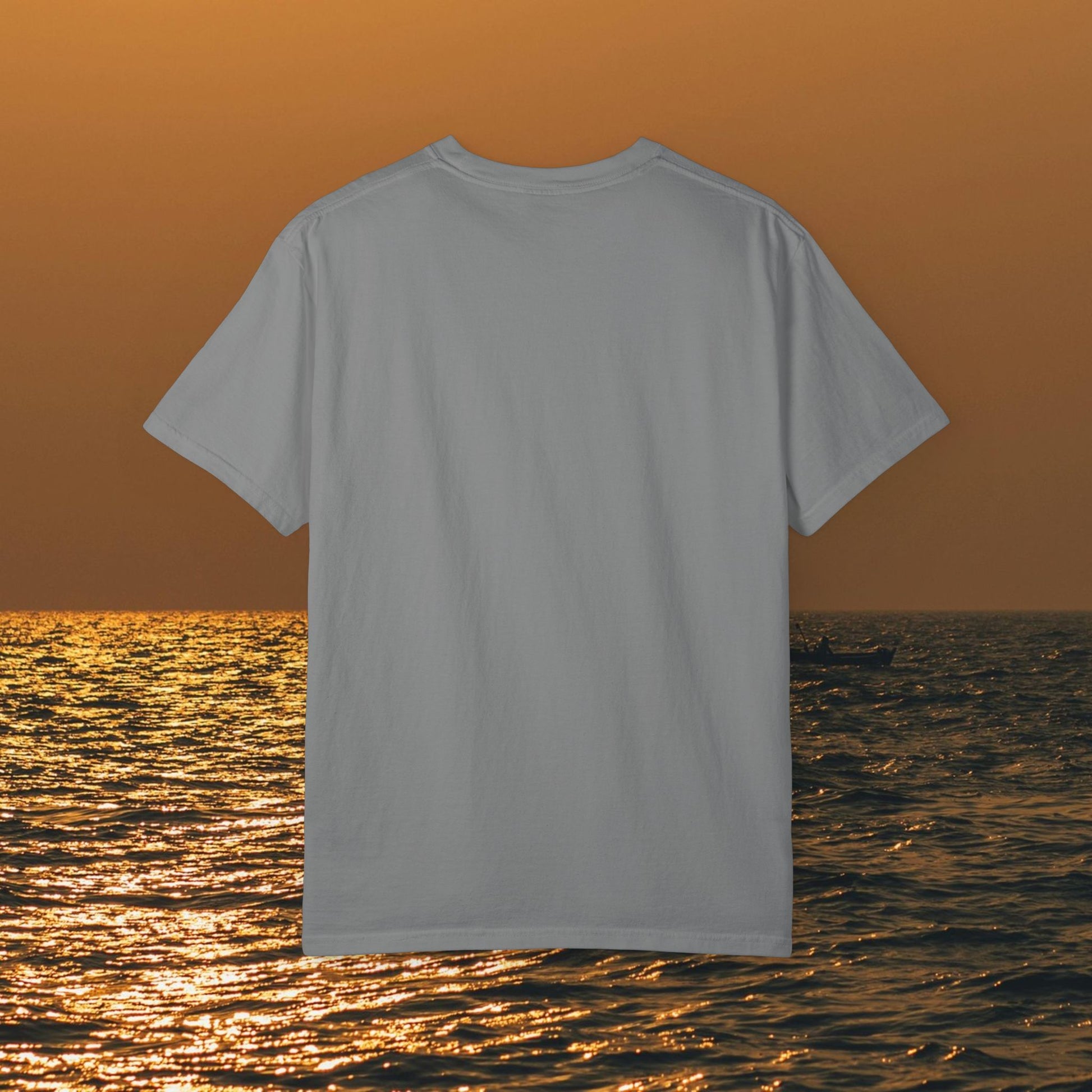 Back view of the Bay Bound Boating T-Shirt, showcasing a simple and clean design, ideal for beach lovers and fishing enthusiasts.