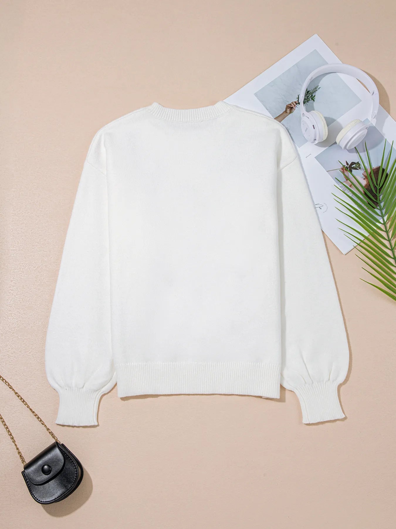 Back view of the Western Style Knit Crew Neck Sweater with Horseshoe Star & Slightly Stretchy Fabric, highlighting its clean white design and soft texture, perfect for casual wear.
