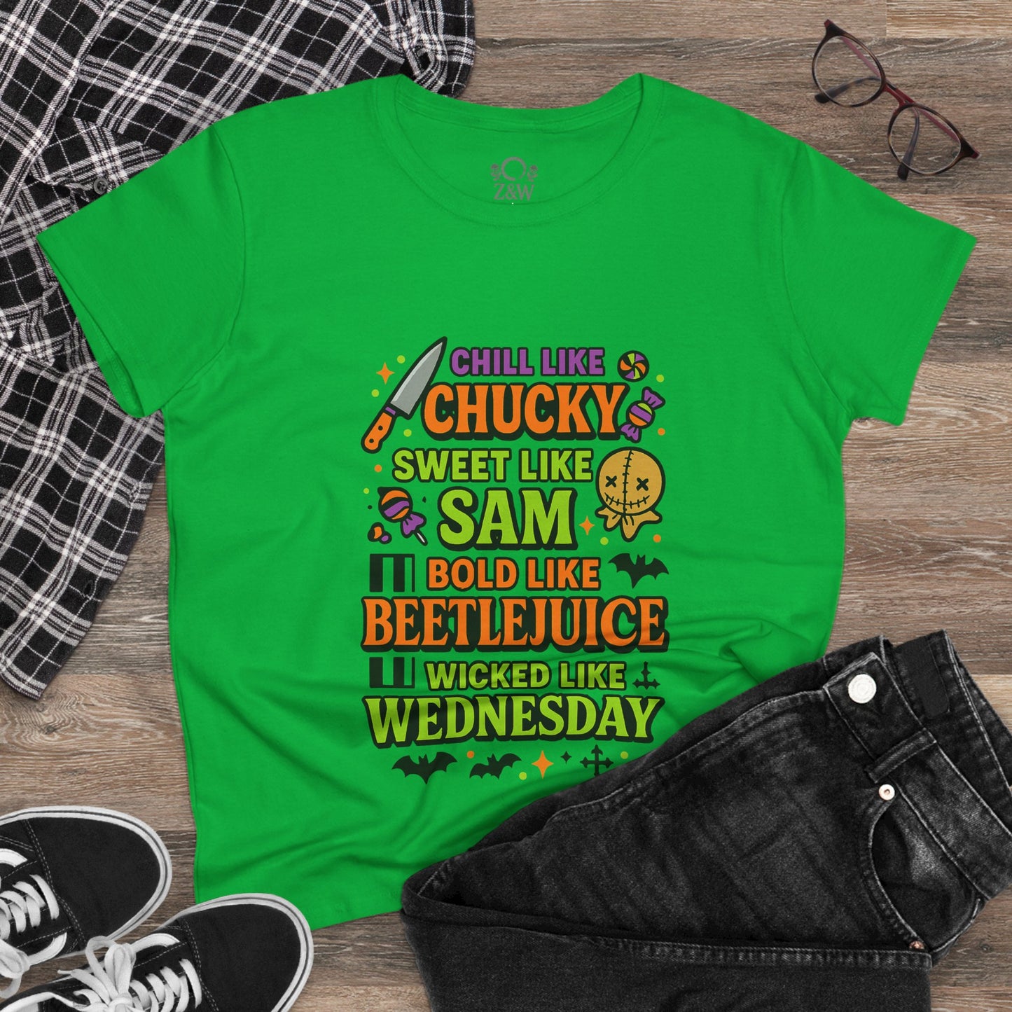 Spooktacular Horror Tee: Chill Like Chucky, Sweet Like Sam, Beetlejuice, Wednesday Addams, Halloween Shirt, Horror Fan Gift