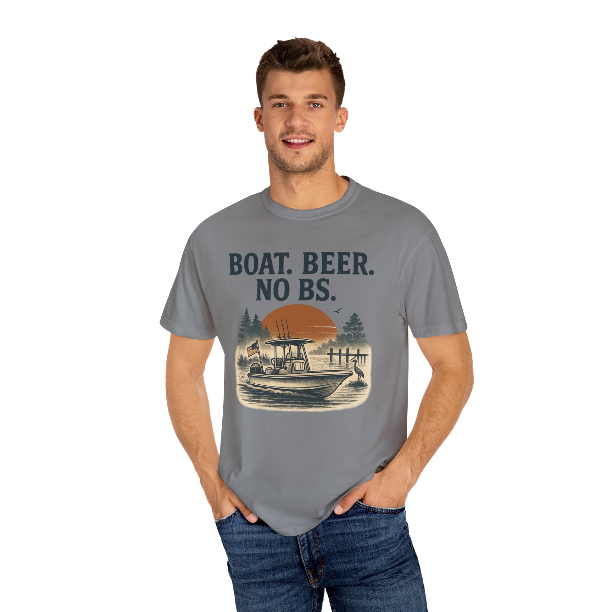 Boat Beer No BS Tee on a model, highlighting the stylish gray color and vibrant boat graphic with sunset.