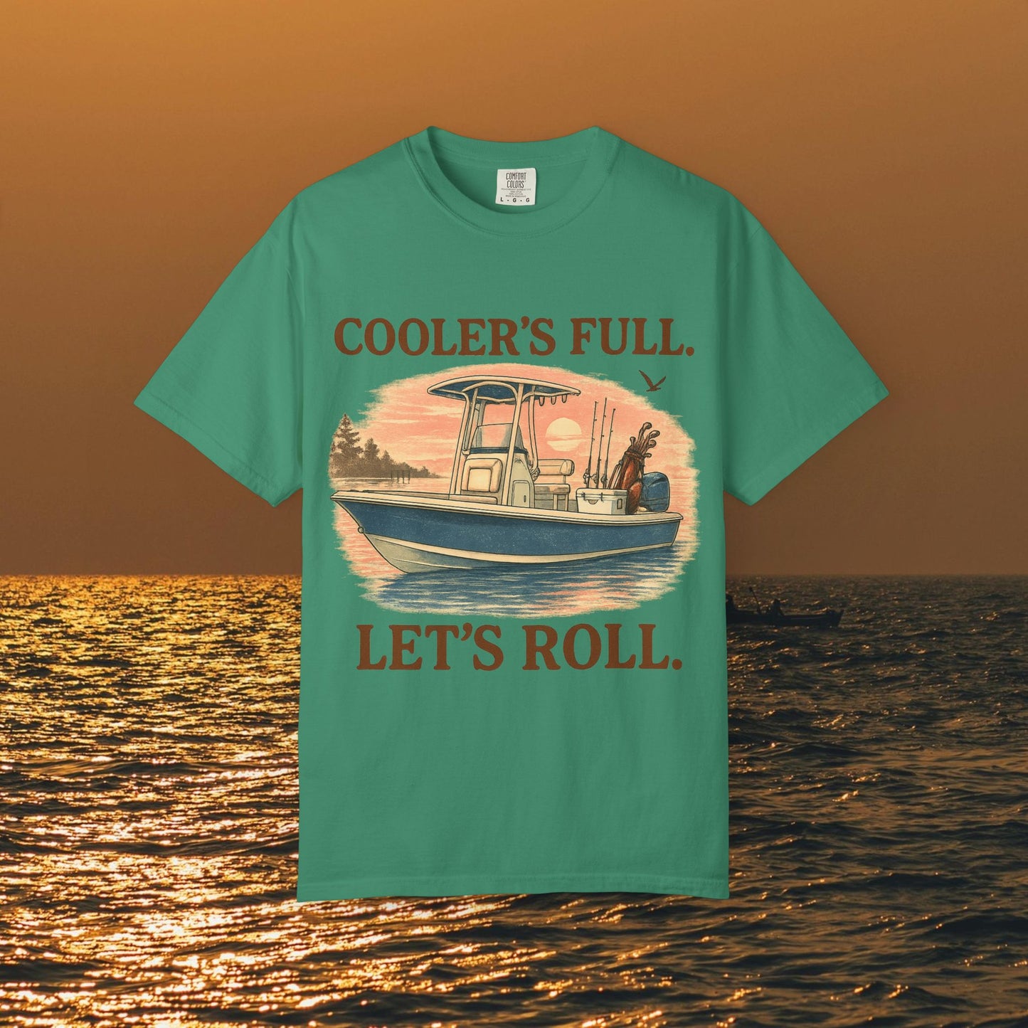 Men's & Women's Durable Cotton Full Tee in vibrant teal featuring a boat illustration and the saying 'COOLER'S FULL. LET'S ROLL.' A must-have for beach lovers.