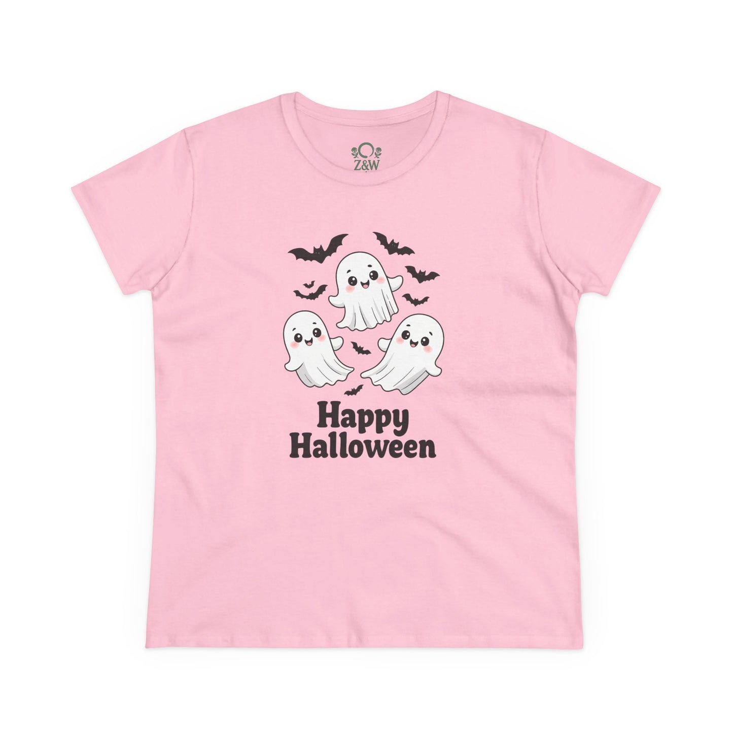 Cute Halloween Ghost T-Shirt for Kids & Adults in soft pink, displaying three adorable ghosts for a fun Halloween look. Unisex and comfortable, perfect for all ages.