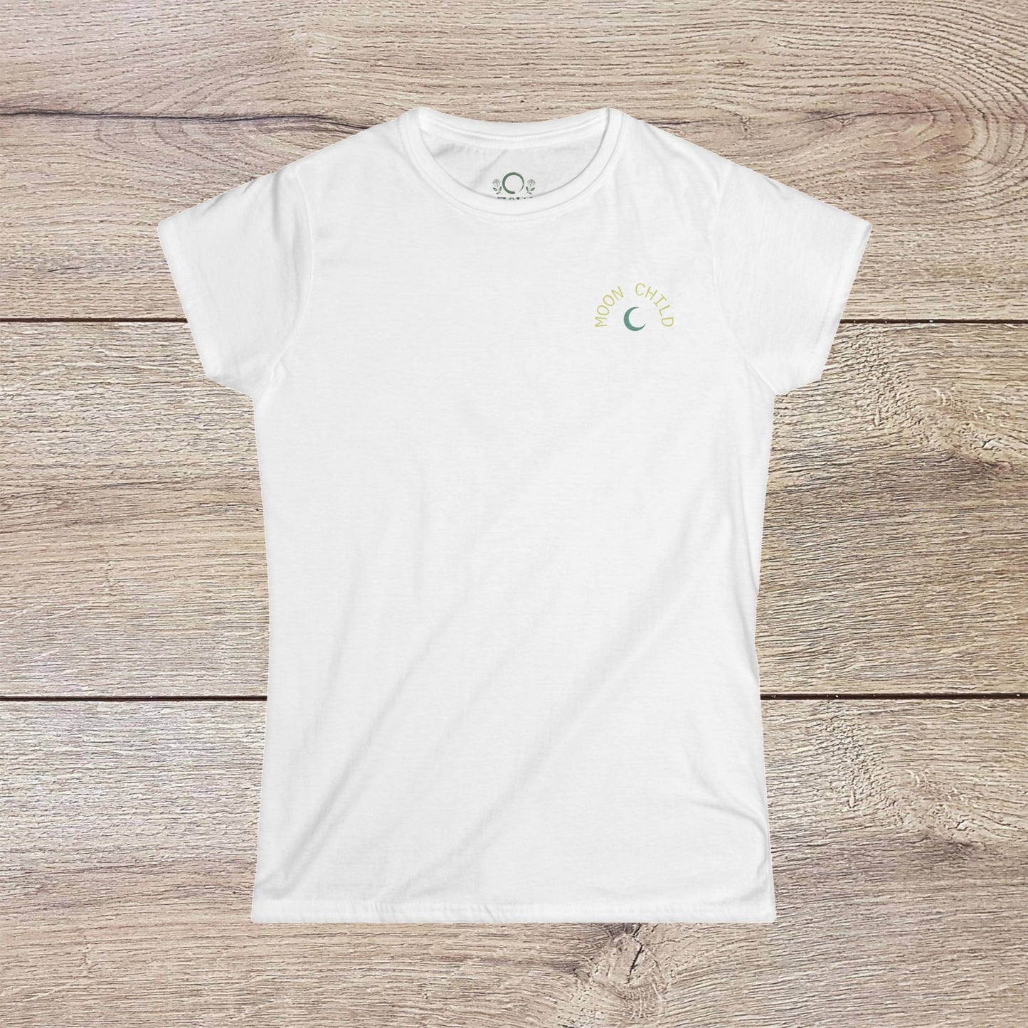 Front view of Moon Child T-Shirt showcasing its soft, slim-fit design with subtle moon and text detailing, a stylish choice for comfortable everyday outfits.