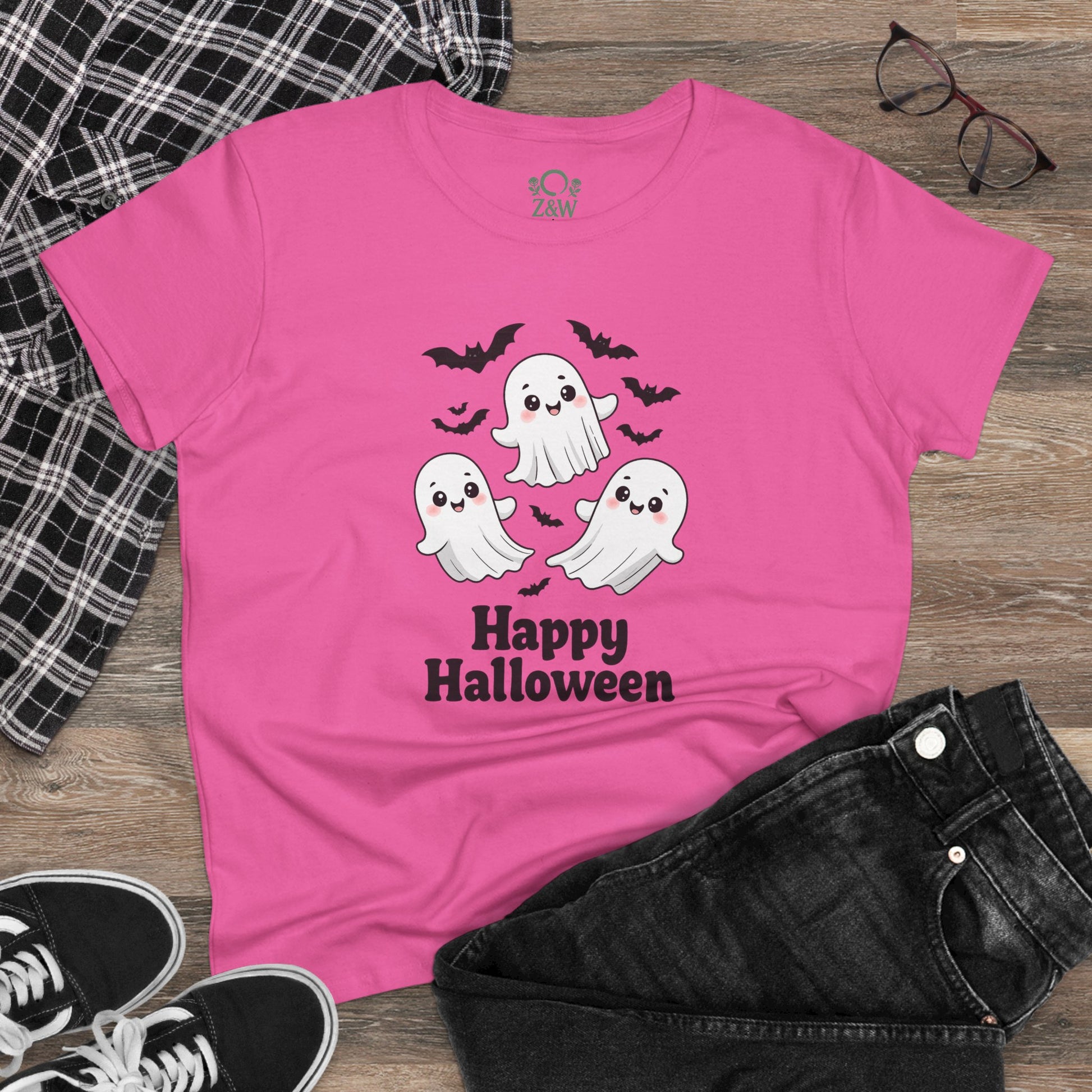 Casual outfit featuring the Cute Halloween Ghost T-Shirt for Kids & Adults with a stylish pink color, ideal for Halloween parties.