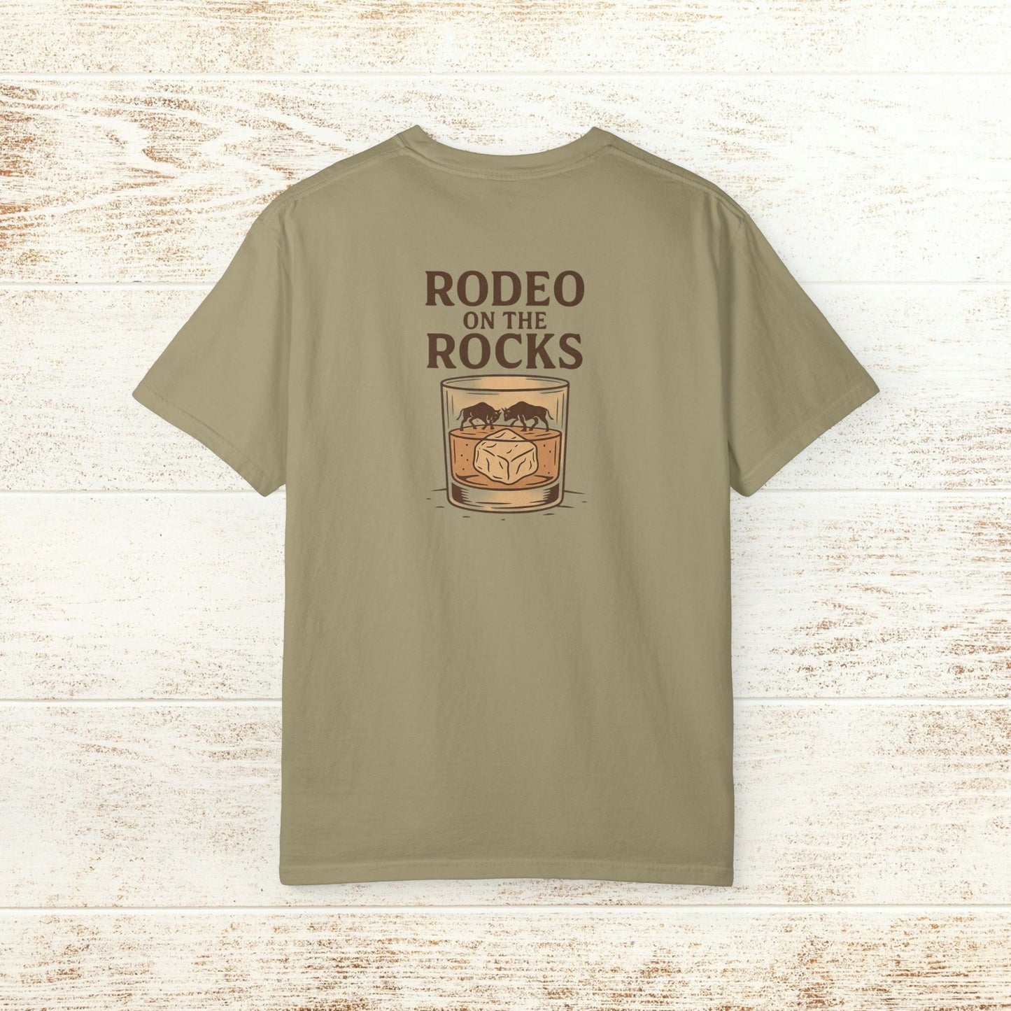 Rodeo On The Rocks Tee - Back view of a khaki t-shirt with a drink graphic and 'RODEO ON THE ROCKS' text, perfect for casual wear.