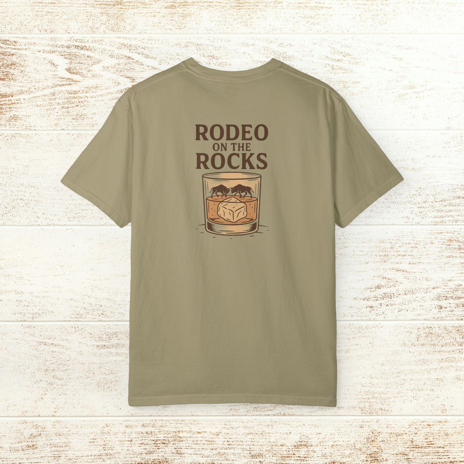 Rodeo On The Rocks Tee - Back view of a khaki t-shirt with a drink graphic and 'RODEO ON THE ROCKS' text, perfect for casual wear.