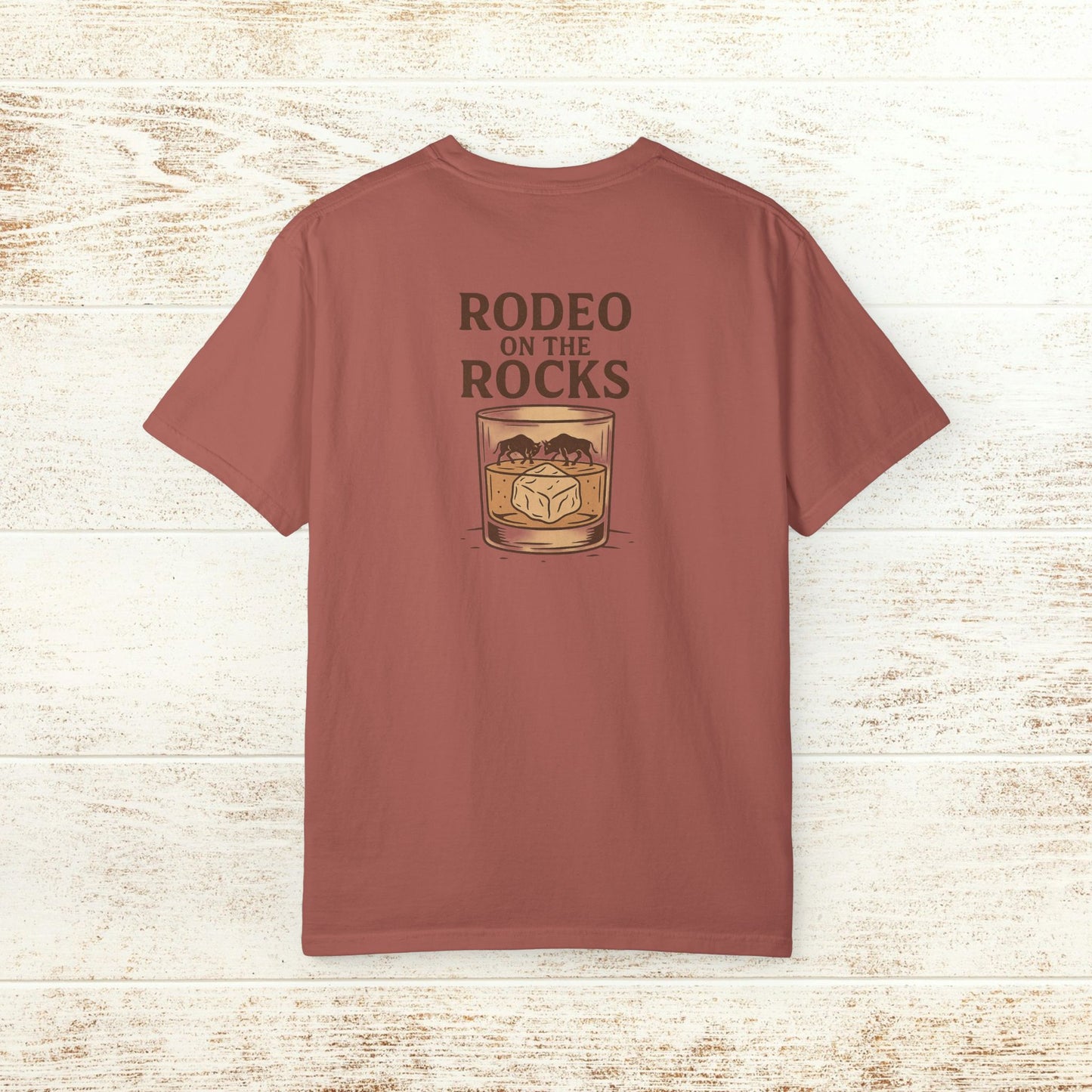 Rodeo On The Rocks Tee in a rich color, displaying a striking graphic of a drink glass on the back, ideal for unique fashion statements.