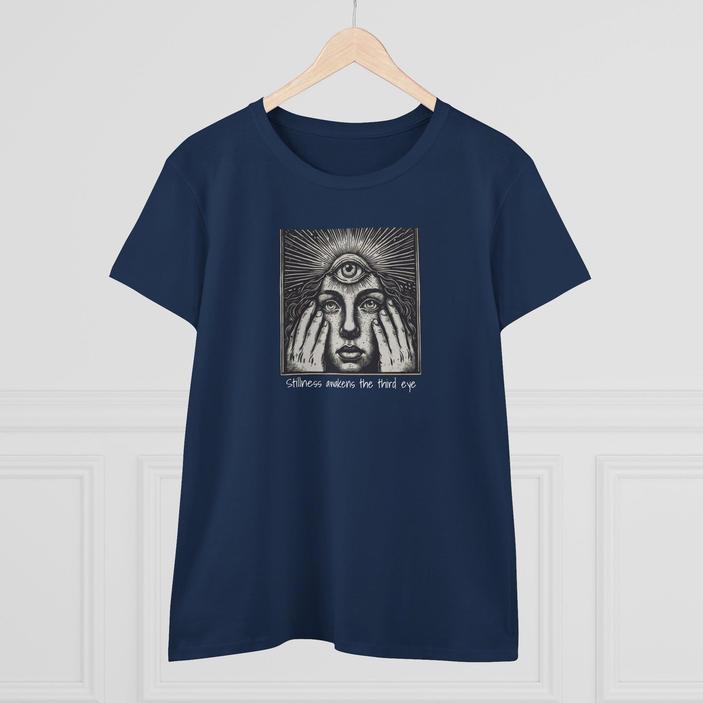 Front view of the Stylish Third Eye Graphic Tee hanging on a hanger, featuring the striking third eye graphic and comfortable cropped style.