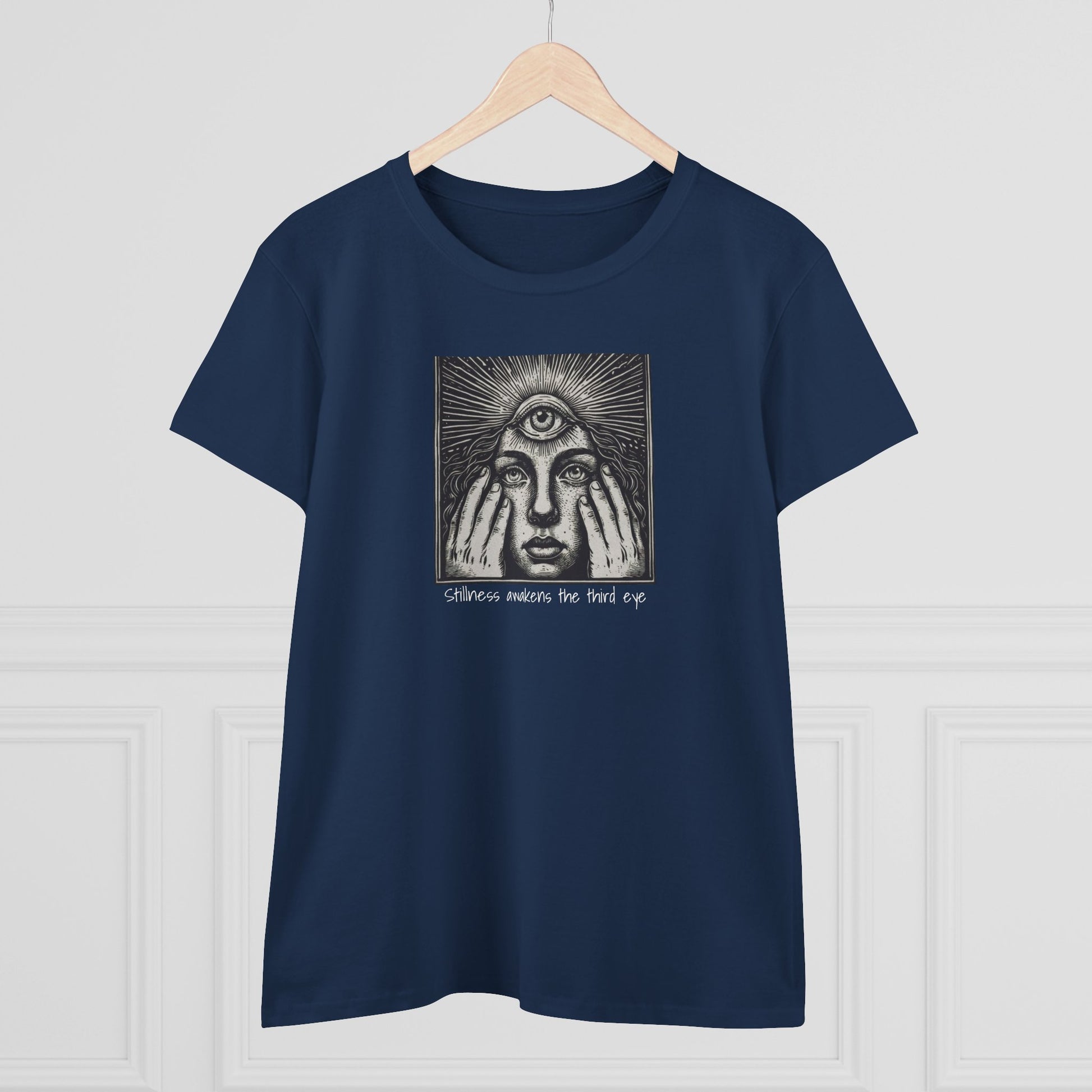 Front view of the Stylish Third Eye Graphic Tee hanging on a hanger, featuring the striking third eye graphic and comfortable cropped style.