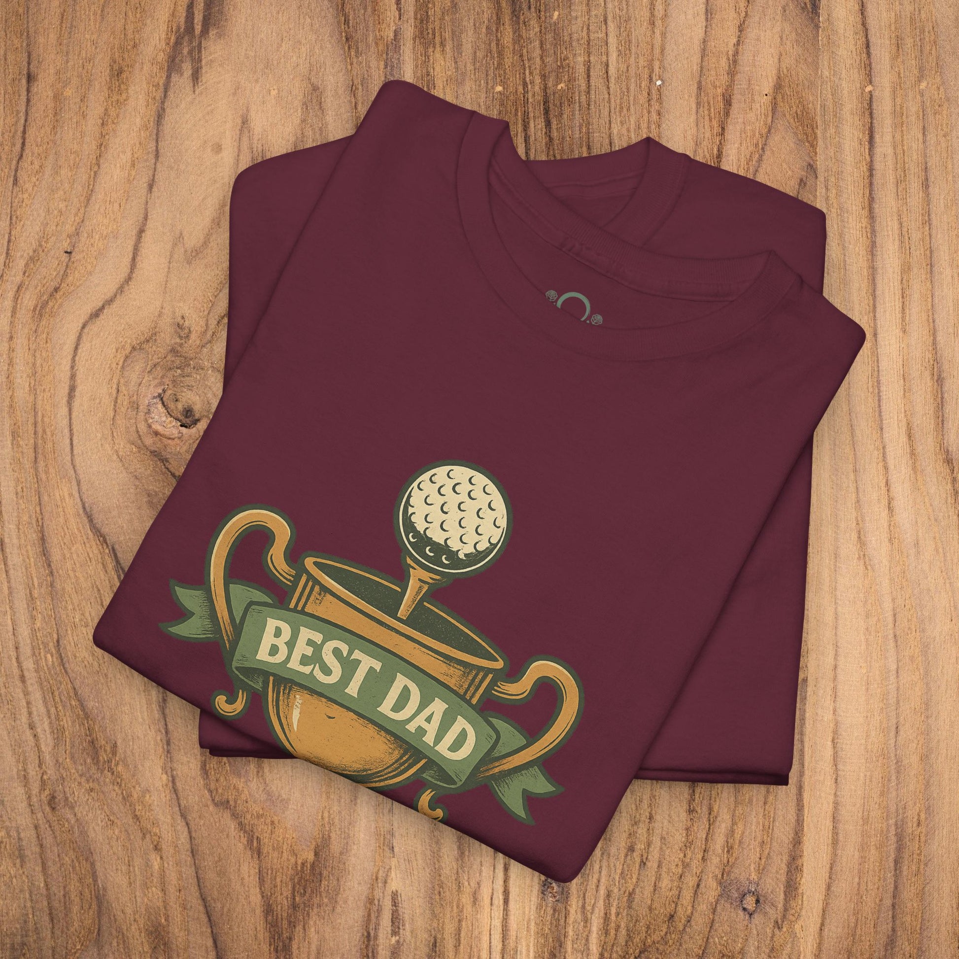 Best Dad Trophy T-Shirt in maroon color with a prominent golf trophy graphic, designed for comfort with high-quality cotton fabric.