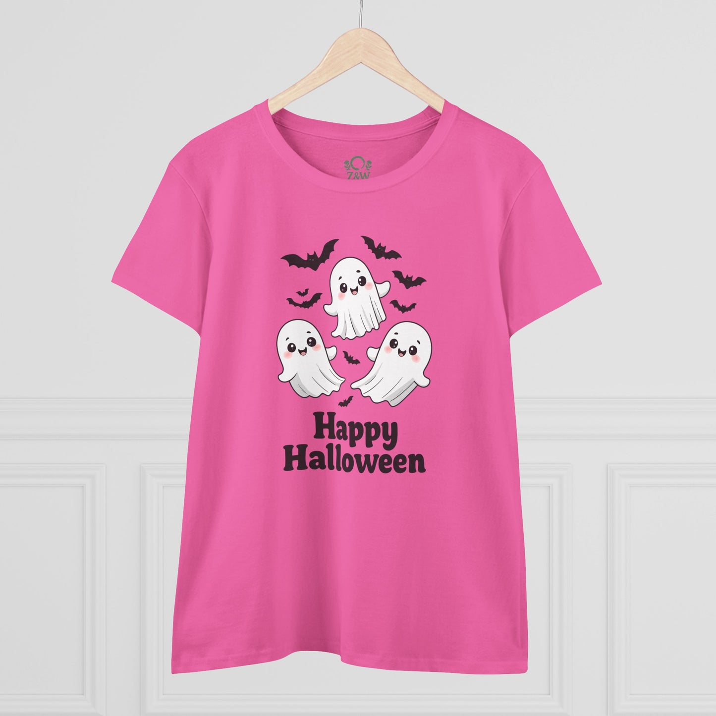 Front view of the Cute Halloween Ghost T-Shirt for Kids & Adults, designed with playful graphics and the phrase 'Happy Halloween'.