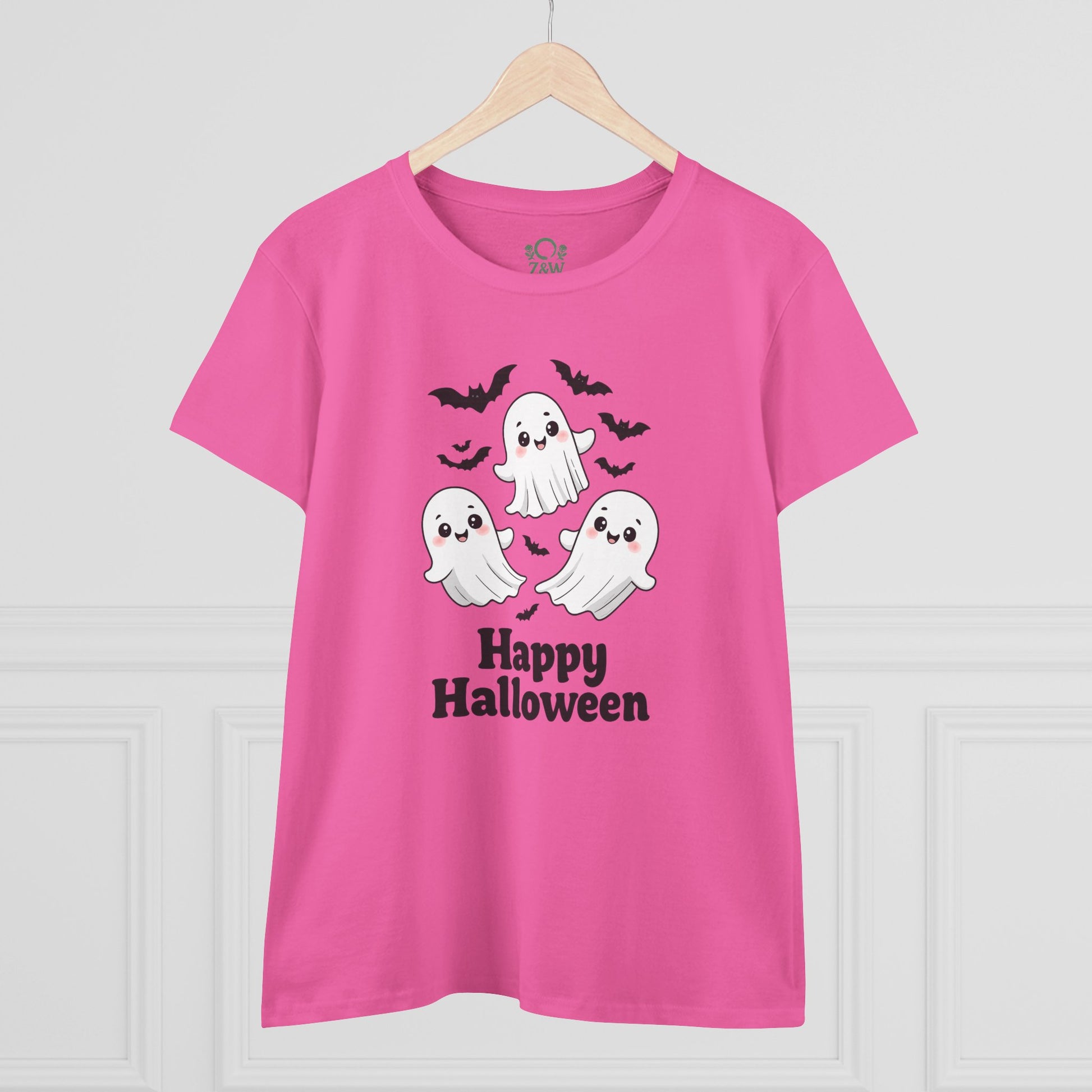 Front view of the Cute Halloween Ghost T-Shirt for Kids & Adults, designed with playful graphics and the phrase 'Happy Halloween'.