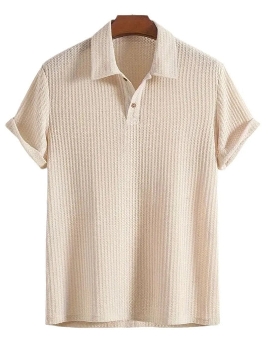 Men's Short Sleeve Polo Shirt with Waffle-Knit Texture in beige color, featuring a collared neck and made from 100% polyester, perfect for casual wear.