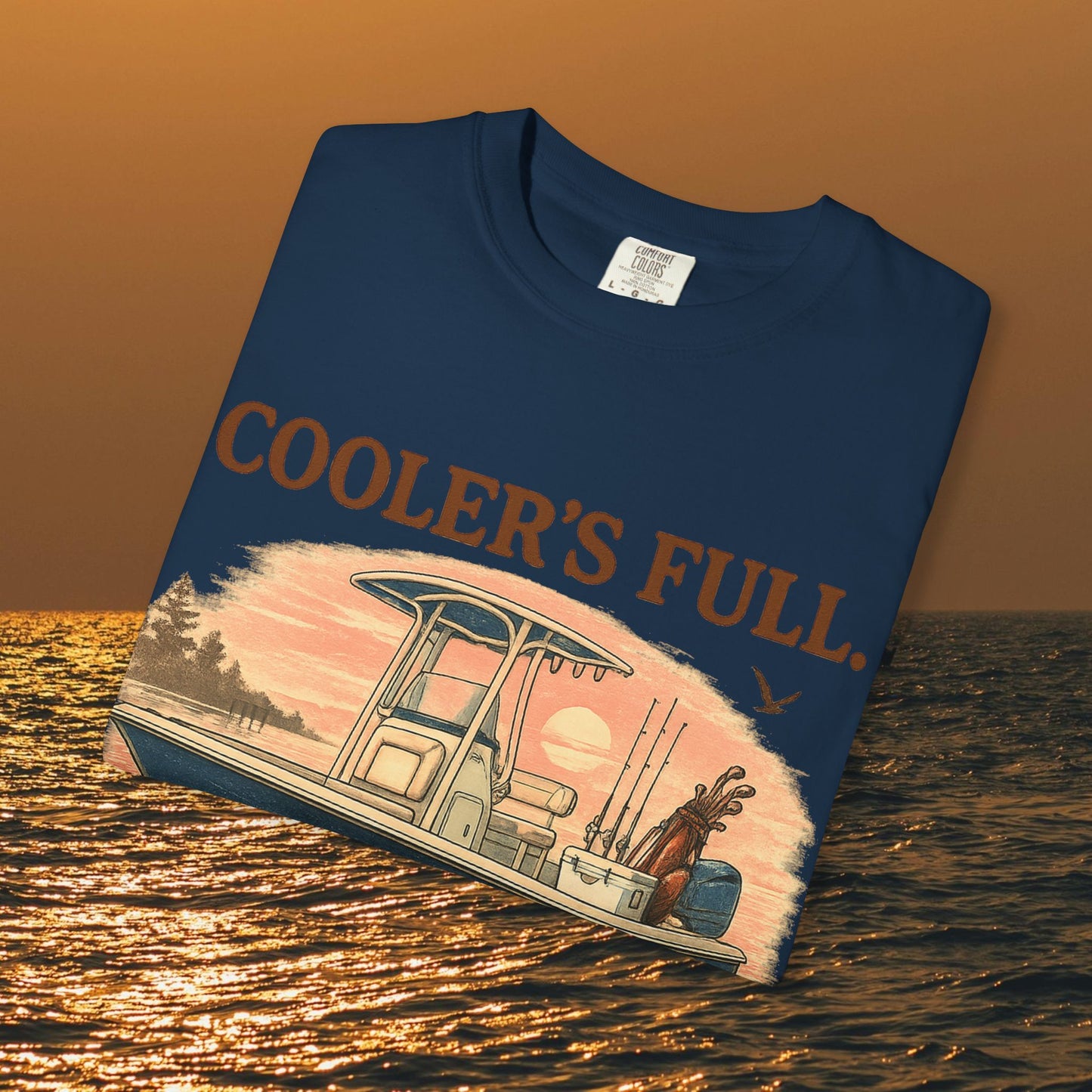 Close-up of the Men's & Women's Durable Cotton Full Tee displaying a fishing boat graphic and 'Cooler's Full.' text, ideal for outdoor enthusiasts.