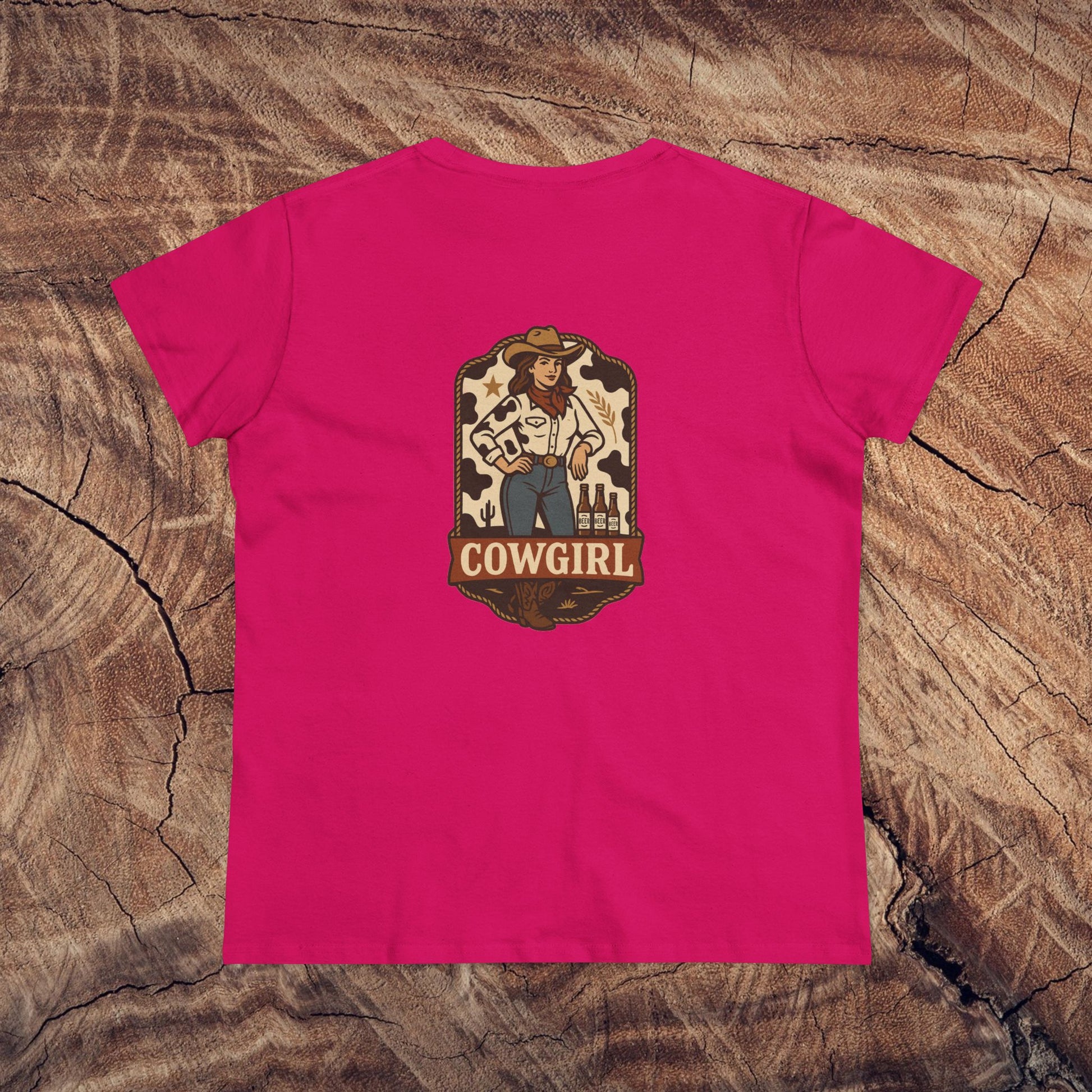 Back view of the Country Roots Cowgirl Tee in bright pink showcasing a unique cowboy girl graphic, perfect for adding flair to your wardrobe.