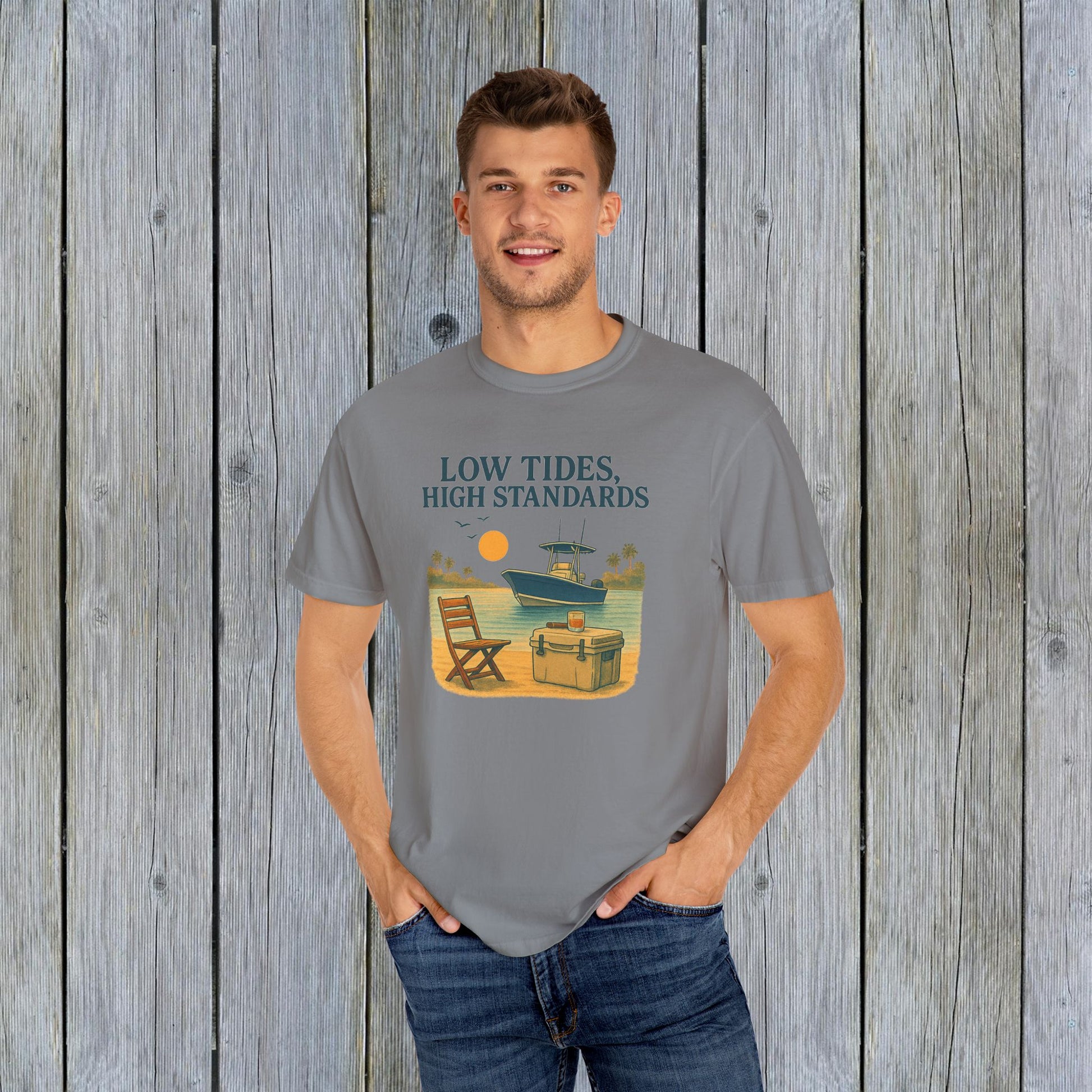 Garment-Dyed Low Tides High Standards T-Shirt worn by a model, showcasing a relaxed style with vibrant graphic design, perfect for casual outings.