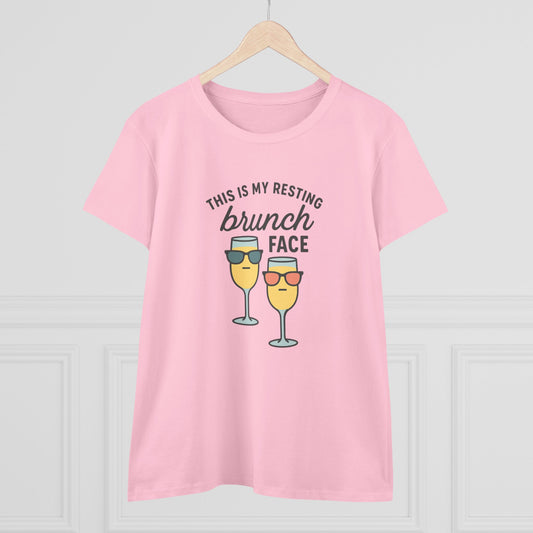 Women's Premium 100% Cotton Brunch Face Tee in pink featuring a playful design of two glasses with sunglasses and the text 'This is my resting brunch face'. Perfect for casual outings and brunch events.