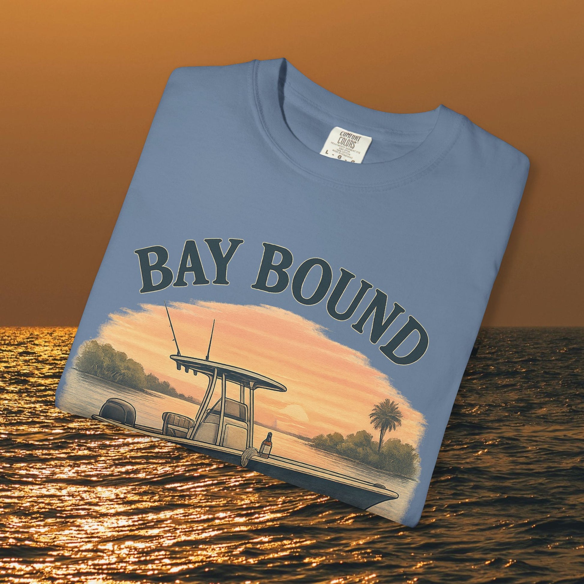 Close-up of the Boating T-Shirt For Summer with 'Bay Bound' graphic, highlighting its relaxed fit and stylish design.